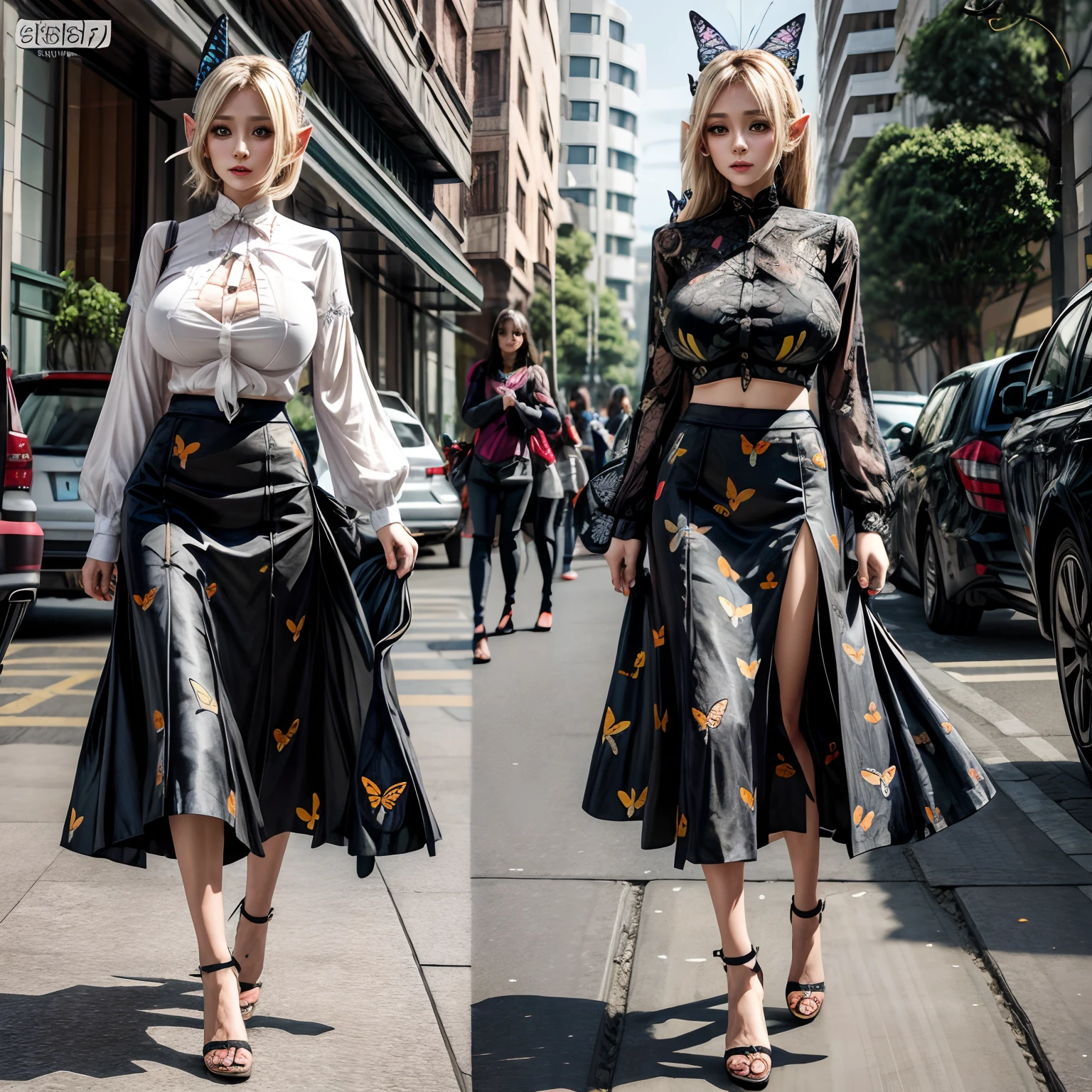 Design drawing of long skirt fashion with (butterfly motif:1.2) for female mature elf on the street , giga_busty