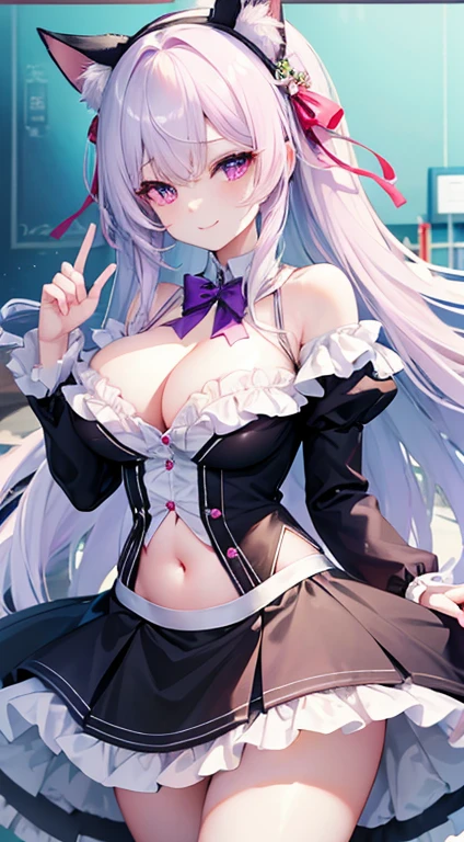 女の子1人、top-quality、masutepiece、4K、high-level image quality、white  hair、The tips of the hair are pink、Pink eyes、odd eye、Purple eyes、large and soft chest、cleavage of the breast、Blouse that looks like it's going to tear、Buttons don't close、Lolita clothes、bow ribbon、heart mark、Cat's ears、A smile、Fairy tale、undergarment、frilld、Ren Hao、Buttons that are about to burst、Navel Ejection、I can see my underwear.、The upper part of the body、Gentle smile、Blouses that do not close the buttons