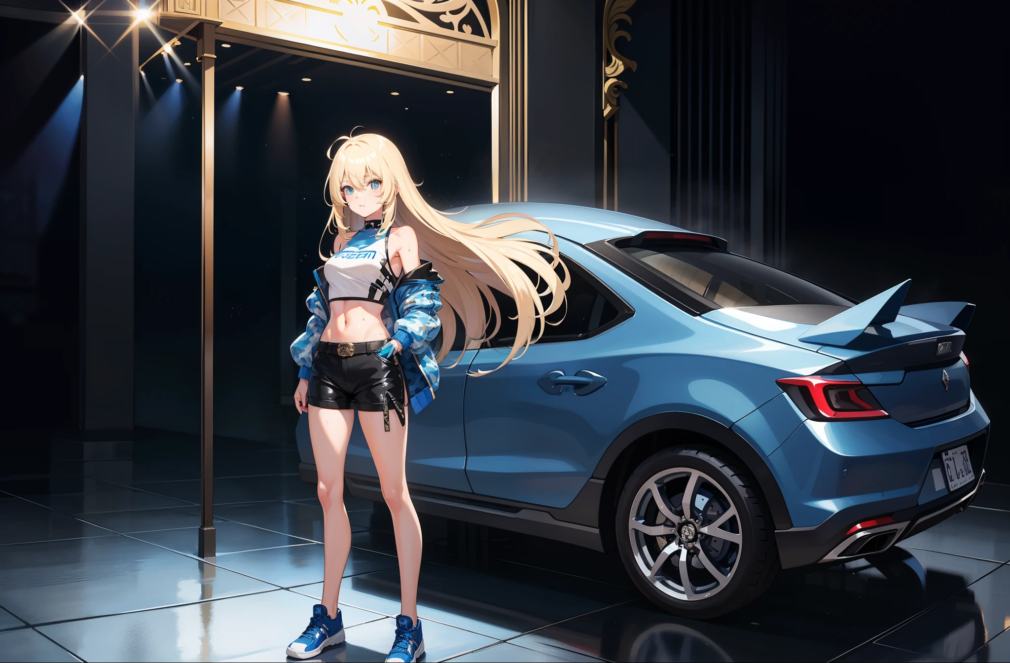 1 girl, mature girl, masterpiece, best quality, detailed eyes, sparkling eyes, shiny skin, shiny hair, blue eyes, light blonde hair, tall, long hair, straight hair, full body, best quality, shiny skin, shiny hair, sweaty, shorts, blue camouflage jacket, midriff, standing, blue sky, exposed shoulders,