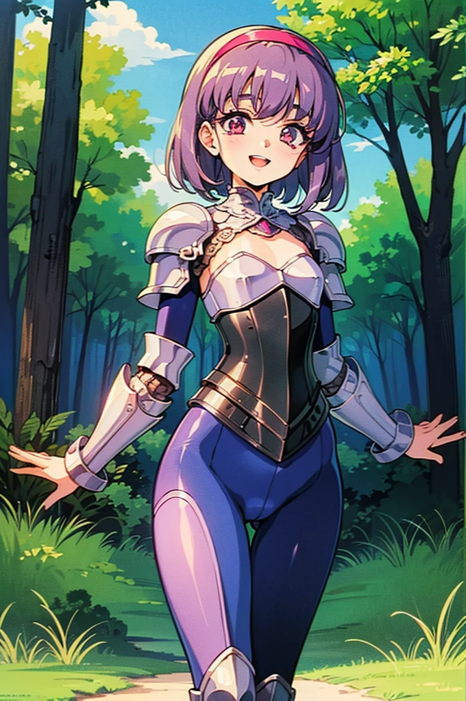 "(masterpiece:1.1), best quality, (NSFW:1.1),
1girl, (80s anime style:1.3), (eyelashes:1.5), (li:1.2),
(intricate high detailed body:1.2),
purple hair,
(bangs:1.1), (medium hair, two side up:1.2), (headband:1.2),
red eyes,
(curvy body:1.1), (small breasts, flat chest:1.1),
(happy, smile:1.2), open mouth,
(high cut leotard armor, corset:1.2), (pantyhose:1.2),
(knight armor, armored boots:1.2), (frill:1.1), (accessories:1.1), sleeve,
standing, arms behind back,
(upper body, cowboy shot, looking at viewer, from front:1.1),
(daytime, woods, grassland, outdoors:1.1)"