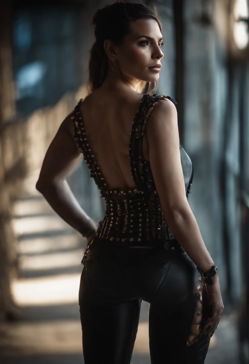 cyberpunk badass, view from behind, hourglass body shape, high contrast lighting, skimpy clothing.