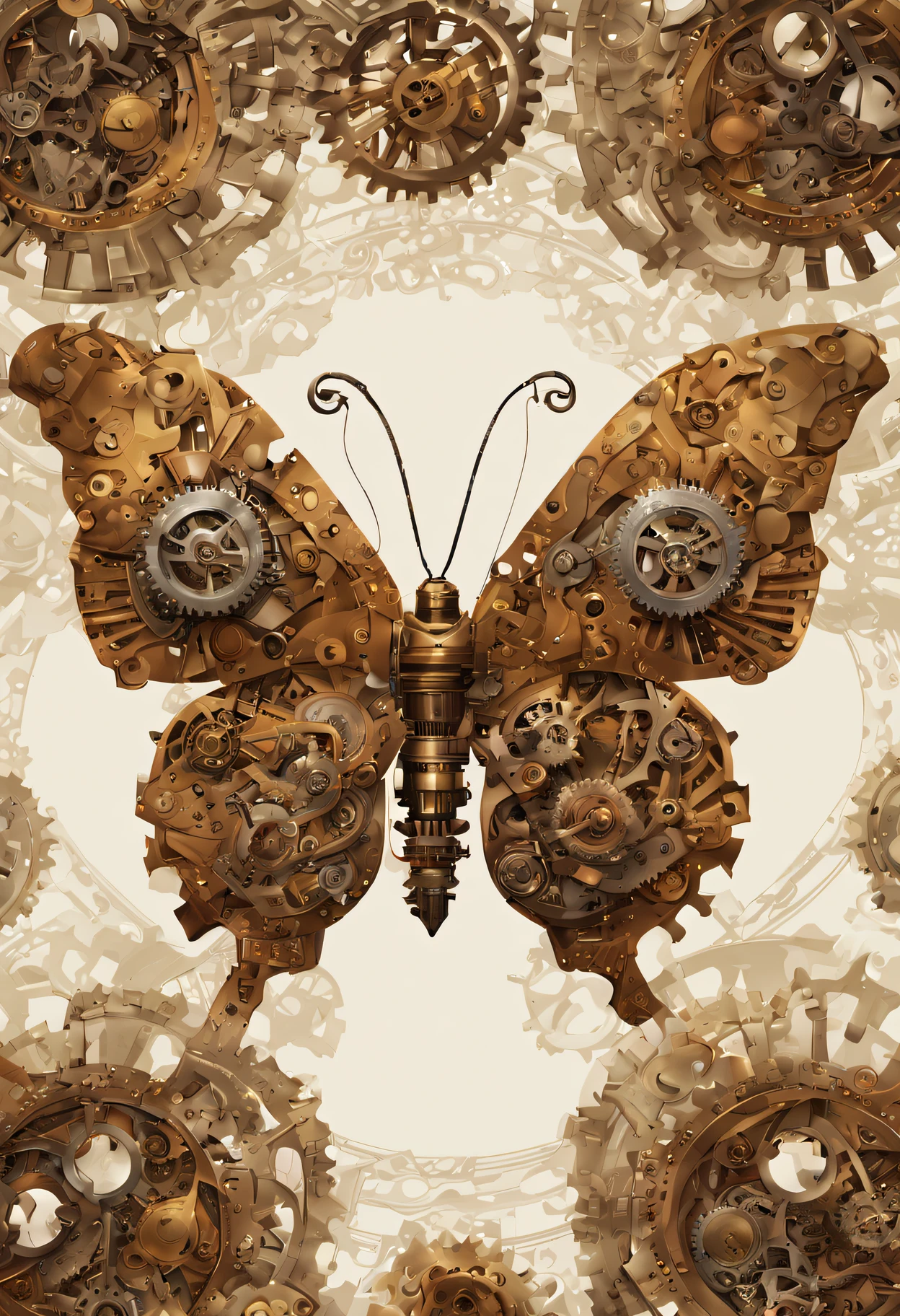 masterpiece, (beautiful and aesthetic:1.5), illustration, surrealism, highly detailed, mechanical butterfly, gears background, contrast, steampunk theme, portrait, weave together to create a harmonious fusion of technology and art, (epic composition, epic proportion), HD