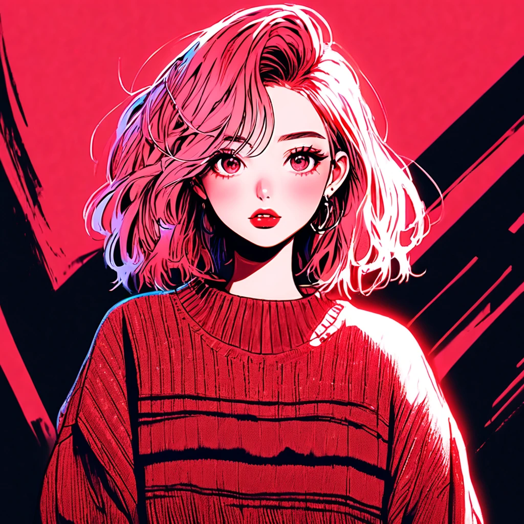 Illustrator, Anime , Realistic ,sketch , 1girl in, ,lip, Sweaters,order,darkred gradient background, Neon Hair,textured crop, Canadian, (masutepiece,Best Quality)