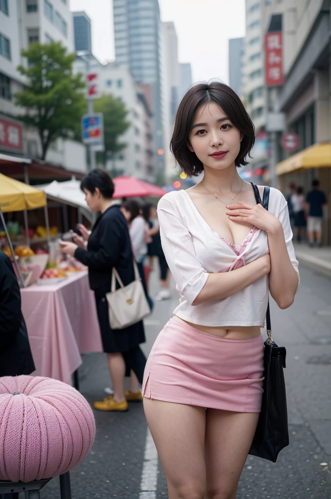 (4K, Highest Quality), (realisitic, Photorealistic), (Yakian),
1 girl, Solo, (Attribution to viewers),
perfect hand, up looking_Al_viewer, Fair face, Short hair, (Cute breasts, cleavage:1.2),18year old、乃木坂アイドル、porn star、韓国アイドル、hposing Gravure Idol, full bodyesbian,pretty feet, Tight white t-shirt, (Mini Fleet Skirt Fluttering in the Wind), high-heels, Blurry market background, Pink Panties, (Panty exposure), From below
