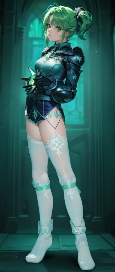 Beautiful paladin girl,Holding a shield,Green hair,pigtails,Extremely beautiful,High Balance, Natural light, Lace,black in color,starrysky,Star decoration (Masterpiece, Highest quality),unreal-engine,Standing painting, angle of view,Tulle skirt,ssee-through,Over-the-knee blue stockings,Transparent tulle clothes