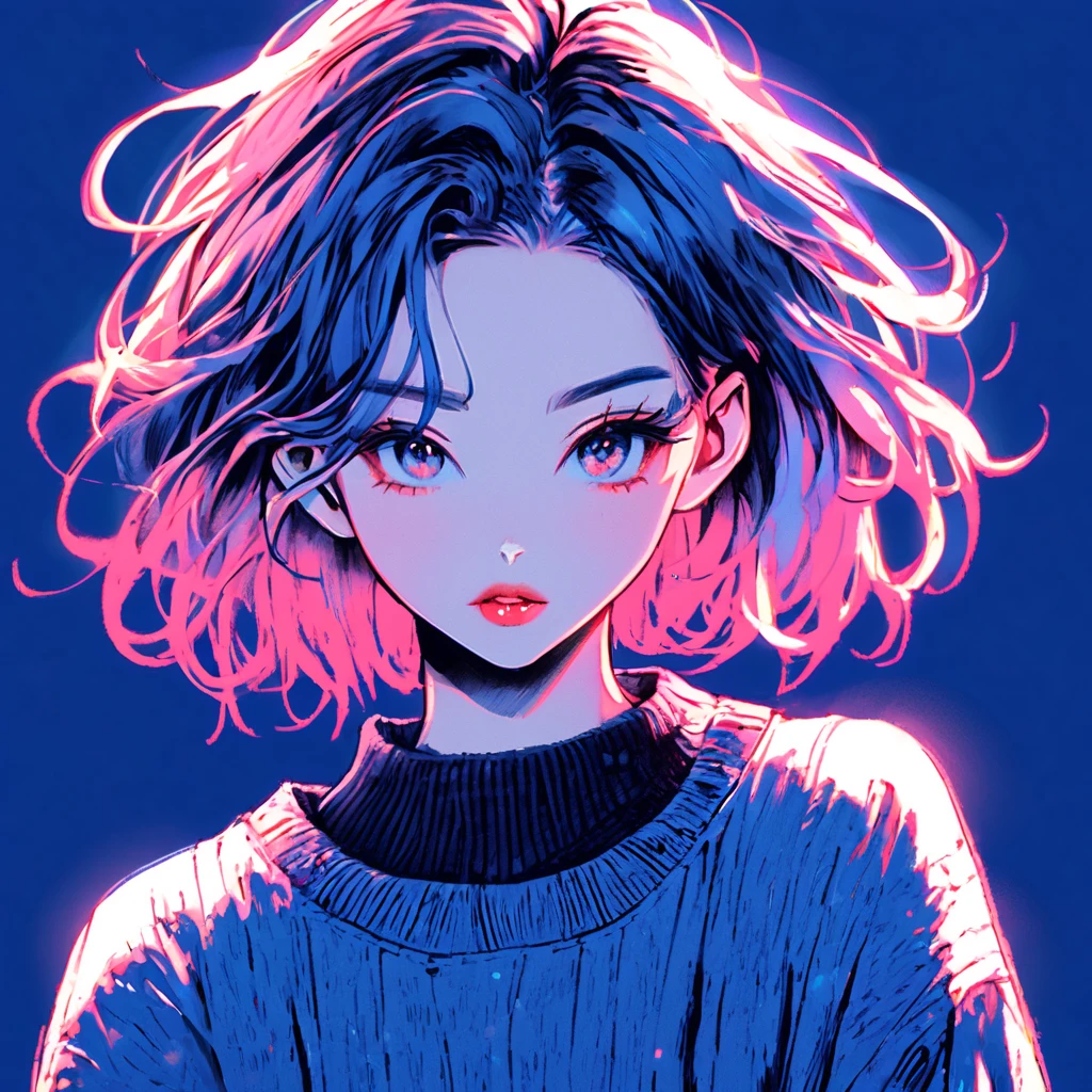 Illustrator, Anime , Realistic ,sketch , 1girl in, ,lip, Sweaters,order,darkblue gradient background, Neon Hair,textured crop, Canadian, (masutepiece,Best Quality)