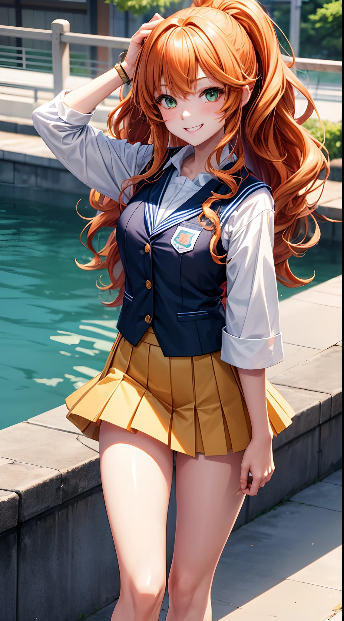 age Female, Wavy Orange Hair, Green Eye, White Summer High School Outfit, Navy Blue School Vest, Japan High School Theme, Happy Emotion mood, Shy Smile, Cute, Portait, 3D, Anime, HDR, HD, Background, RTX, 2K, Masterpiece.