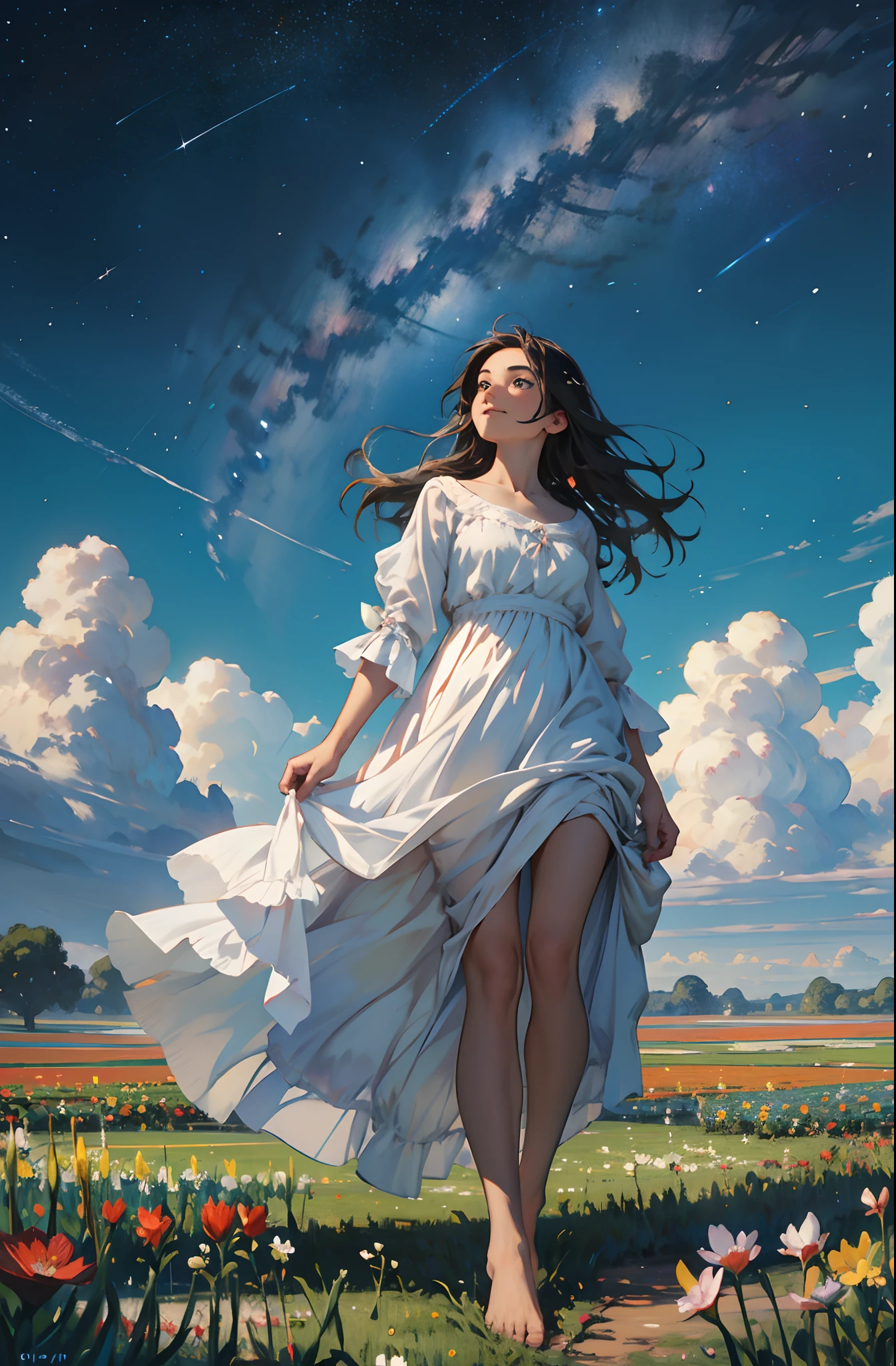 A woman in a white dress walking through a field of flowers - SeaArt AI