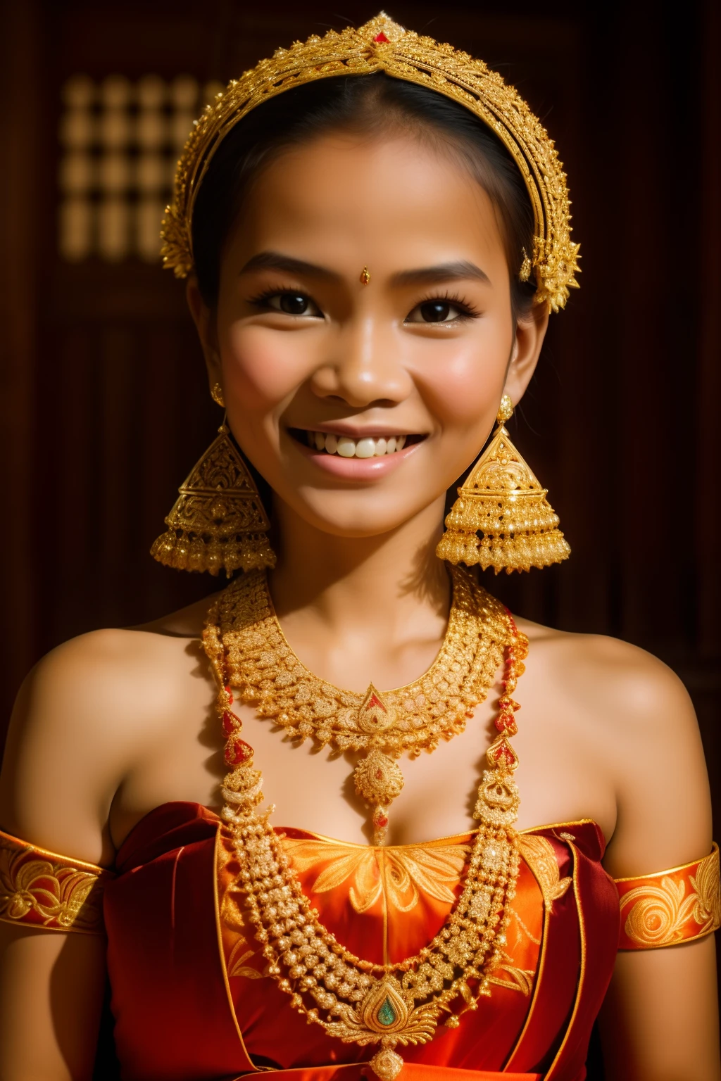 8k, highest quality, ultra details, Javanese girl, traditional accessories, intricate jewelry, radiant smile, traditional ceremony