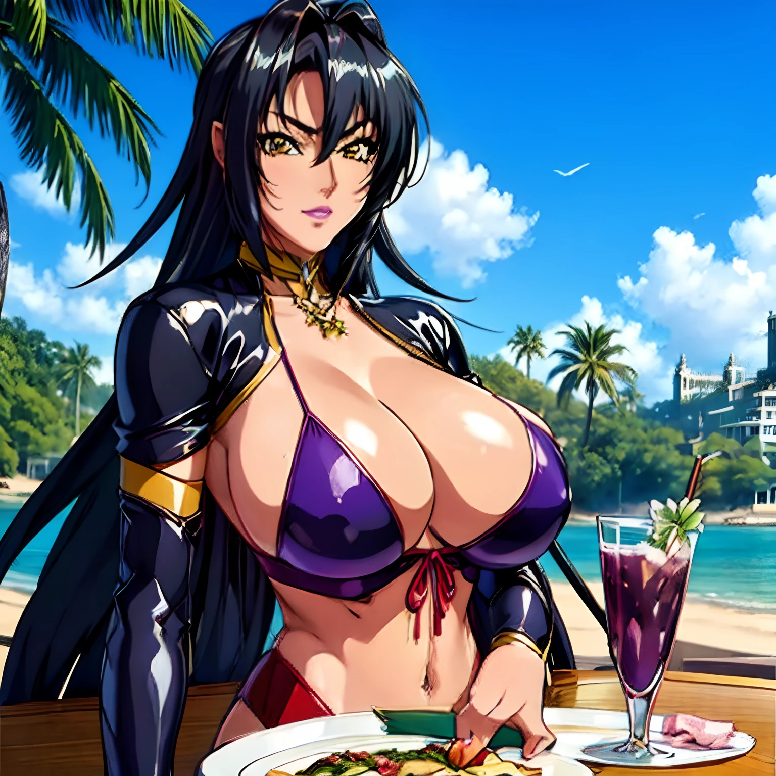 masterpiece, best quality, 1girl, looking at viewer, sexy, bikini, (seascape), large breasts, purple eyes, igawa asagi, black hair, long hair, beautiful detailed eyes, beautiful detailed glow, lots of glow, arms behind head, embarrassed, (upper body:1.4), palm trees, seagulls, gold sands, sea shells, flowers, beverages, mojitos, staw in a glass, beautiful pendant between breasts, hotdog sandwich, table, boat in the distance, sunny day, blue sky