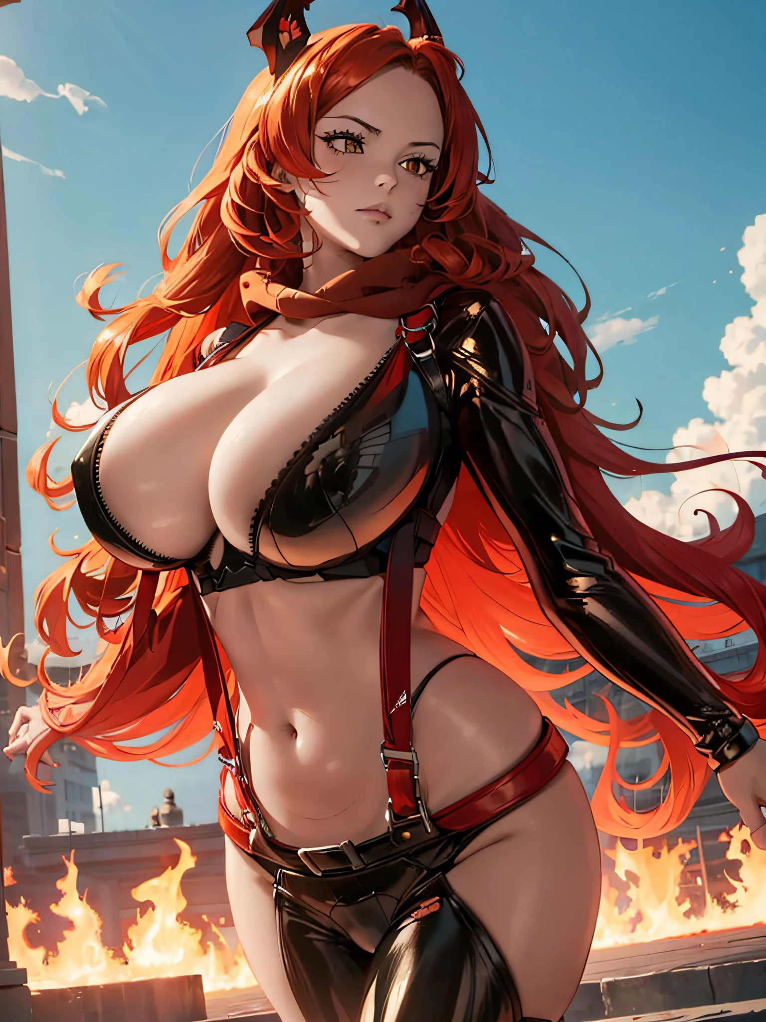 super high image, super detail, super high resolution, best quality, (full body image), ((Hyperrealistic)), (((masterpiece))), (anime), (((beautiful young girl))), (perfect body), (hourglass body shape), ((fiery red hair)), (long hair), (beautiful big yellow eyes), ((massive breasts:1.5)), (perfect breasts), (showing cleavage), (sexy), sexy expression, (thick hips), (thin waist), (((day time))), (clear sky), nikkeredhood, horns, scarf, cleavage, midriff, pants, suspenders