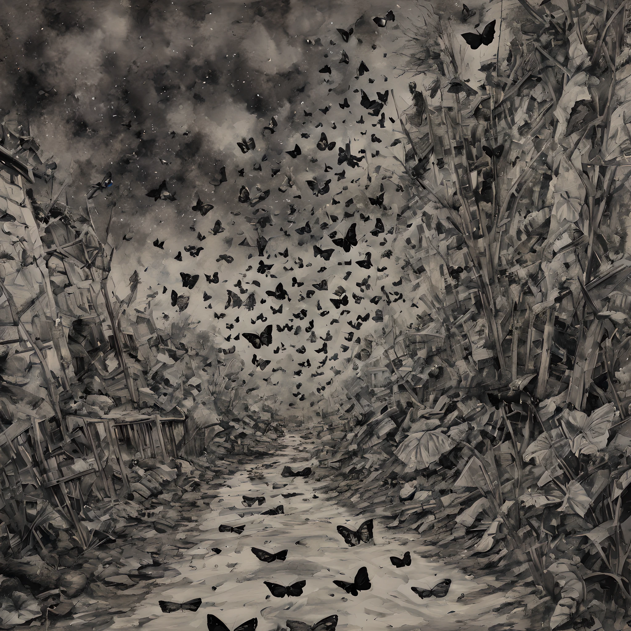 (butterfly:1.5),(butterfly theme:1.5),(dark horror theme:1.5),(thriller:1.5),(inspiration from Stephen King:1.5),(dark fantasy:1.5), (ink and watercolor painting:1.5), (black and white color:1.5), 8k, 4k, (landscapes:1.5),(A large number of butterflies fly towards the viewer:1.5),(ruined:1.5),(ruined village:1.5),(1800s:1.5), (ruined theme:1.5),(lots of flying butterflies:1.5),(puddle:1.5),(Unpaved roads:1.5),(absurderes:1.5),(fantastic:1.5),(best quality:1.5),(masterpiece:1.5),