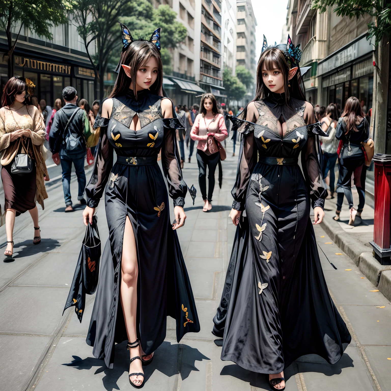 Design drawing of long dress fashion with (butterfly motif:1.2) for female mature elf on the street , giga_busty