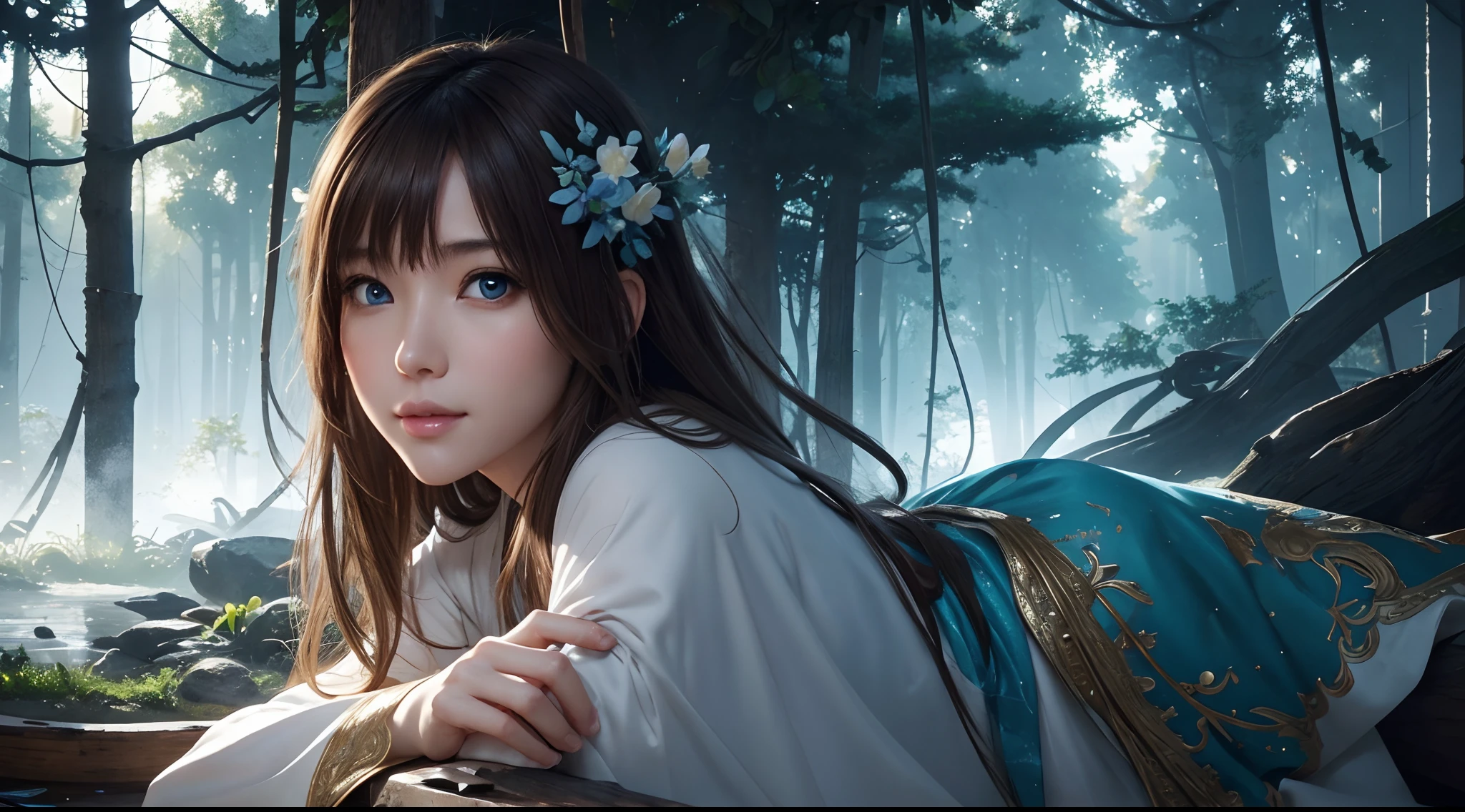 hightquality、8K Ultra HD、fullllbody、1 16-year-old female、Gentle smile、Rich facial expressions、beauty legs、robe blanche、light brown hair、Blue eyes、(The background is a wonderful healing forest)、cute little、Beautiful fece、portlate、art by:Alberto Seveso、Abstract art style、Complex and intricate watercolor painting 、digitial painting、concept-art、Volumetric lighting、TanvirTamim、metal reflective、2d render、8K。 by artgerm、Trending on ArtStation