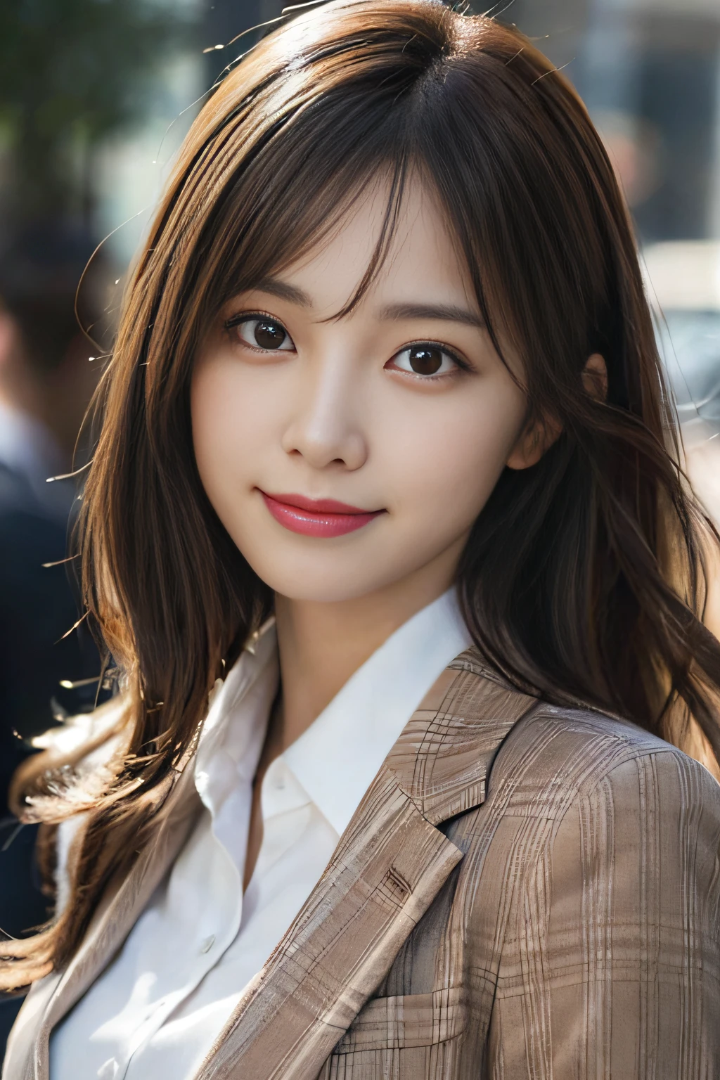 masutepiece, Best Quality, Photorealistic, Ultra-detailed, finely detail, High resolution, 8K Wallpaper, 1 beautiful woman,, light brown messy hair, in a business suit, foco nítido, Perfect dynamic composition, Beautiful detailed eyes, detailed hairs, Detailed realistic skin texture, Smiling, Close-up portrait, Model body type、a smile