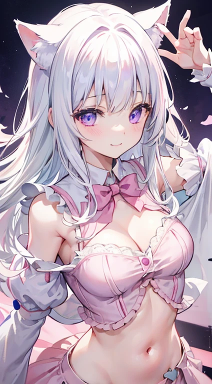 1人、top-quality、masutepiece、4K、high-level image quality、white  hair、The tips of the hair are pink、Pink eyes、odd eye、Purple eyes、large and soft chest、cleavage of the breast、Blouse that looks like it's going to tear、The button does not close、Lolclothes、bow ribbon、heart mark、Cat's ears、A smile、Fairy tale、undergarment、frilld、Ren Hao、Buttons that are about to burst、Navel Ejection、I see underwear.、The upper part of the body、Gentle smile、Blouses that do not close the buttons