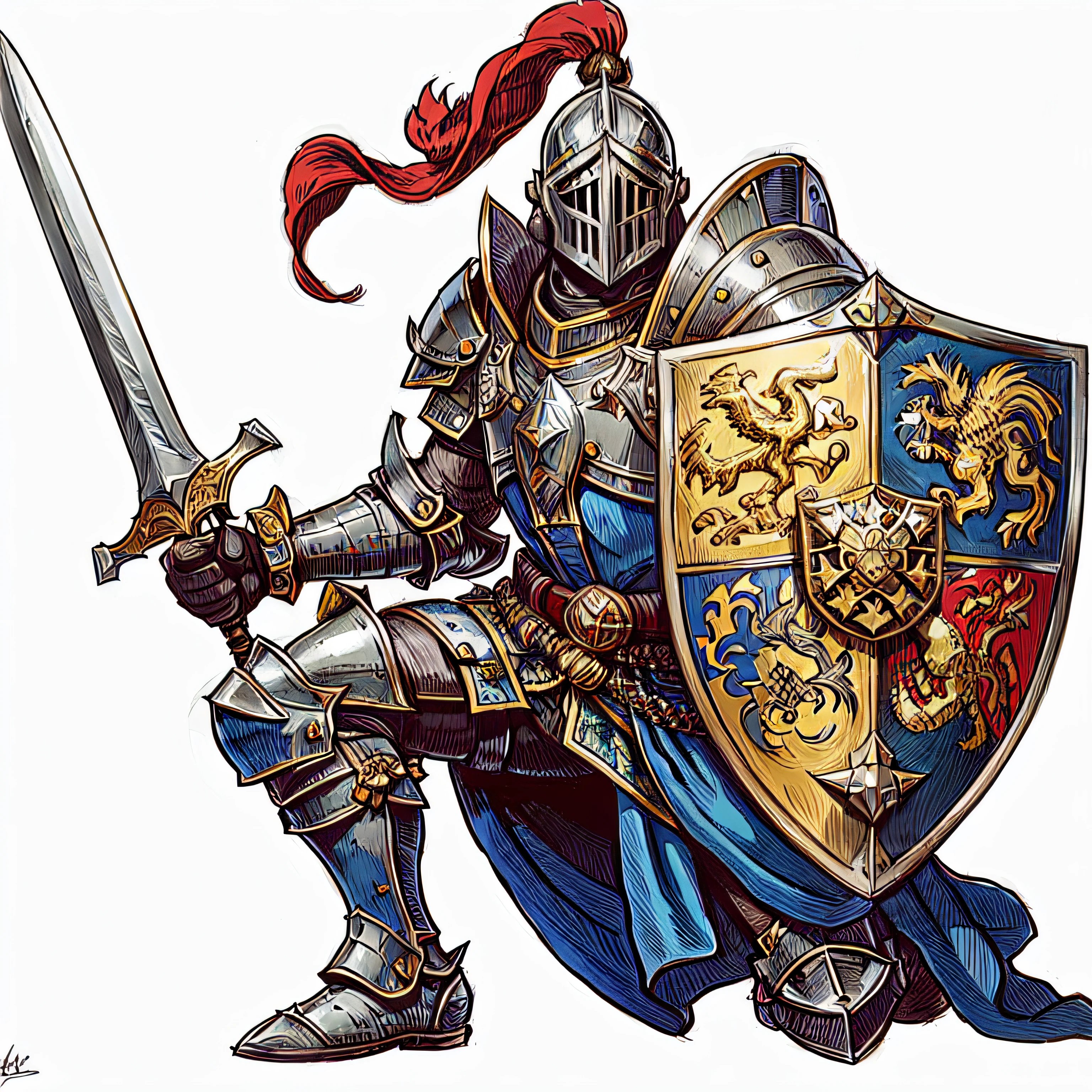A loyal defender, wearing imposing armor with the royal crest. Wields a sturdy shield and a sharp sword.RPG character, cartoon, simple art
