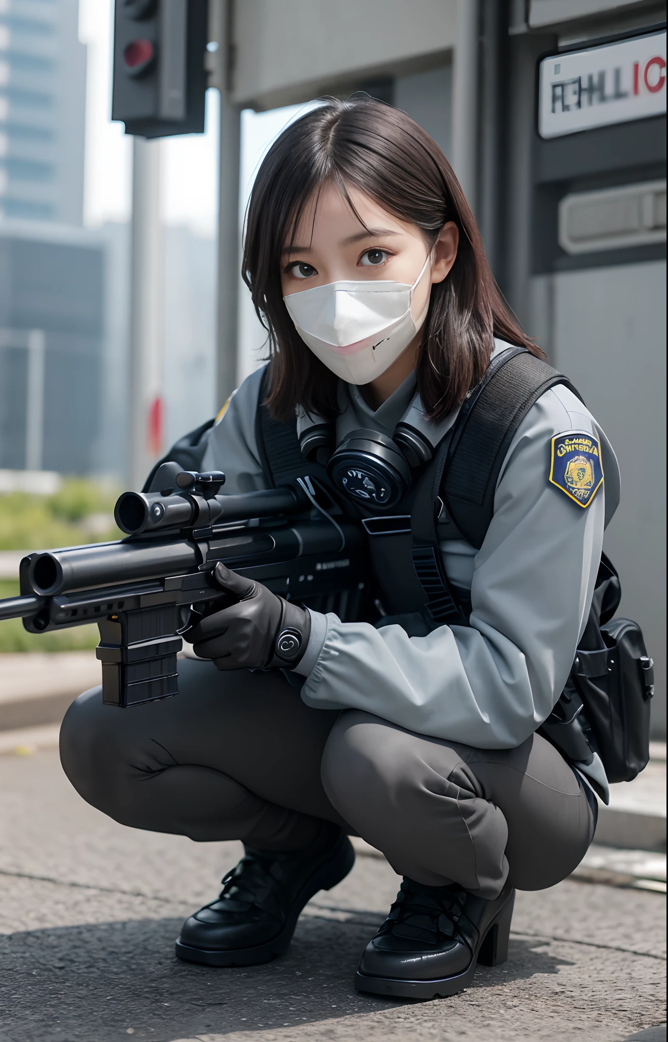 ((best quality, (masterpiece), photorealistic, photorealism, Photorealistic, high resolution)), 1girl full body, aiming with an assault rifle, another girl squatting behind, Combat pose, a bit chubby, (Detailed face), (wearing rash-guard likes police uniform, gloves, black and grey mecha, wearing futuristic-gasmask, military harness, holding a machinegun, carrying hich-tech-launcher), background grey, Fingers are occluded