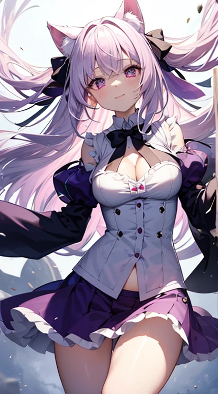 1人、top-quality、masutepiece、4K、high-level image quality、white hair、The tips of the hair are pink、Pink eyes、odd eye、Purple eyes、large and soft chest、cleavage of the breast、Blouse that looks like it's going to tear、Buttons don't close、Lolclothes、bow ribbon、heart mark、Cat's ears、A smile、Fairy tale、undergarment、frilld、Ren Hao、Buttons that are about to burst、Navel Ejection、I see underwear.、The upper part of the body、Gentle smile、Blouses that do not close the buttons