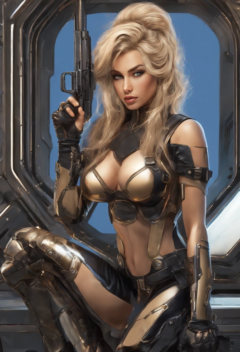 Photo-realistic, Arafed tall woman in a bikini posing on a black base, long blonde hair, long black boots, bikini with space suit element design, full pose, sexy pose, gorgeous style, full body close-up shot, on the right thigh gun holster, holding gun in right hand, inside a spaceship, a woman in a bikini sitting on a surface with a gun, front view, inspired by Masamune Shirow, knights of zodiac girl, pinup. lord of daggers, inspired by Clyde Caldwell, lodoss, portrait knights of zodiac girl, gorgeous, inspired by Barclay Shaw, dorian cleavenger
