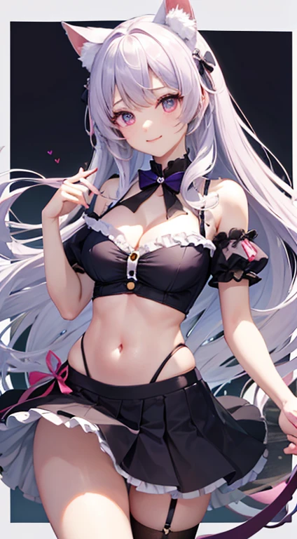 1人、top-quality、masutepiece、4K、high-level image quality、white hair、The tips of the hair are pink、Pink eyes、odd eye、Purple eyes、large and soft chest、cleavage of the breast、Blouse that looks like it's going to tear、Buttons don't close、Lolclothes、bow ribbon、heart mark、Cat's ears、A smile、Fairy tale、undergarment、frilld、Ren Hao、Buttons that are about to burst、Navel Ejection、I see underwear.、The upper part of the body、Gentle smile、Blouses that do not close the buttons
