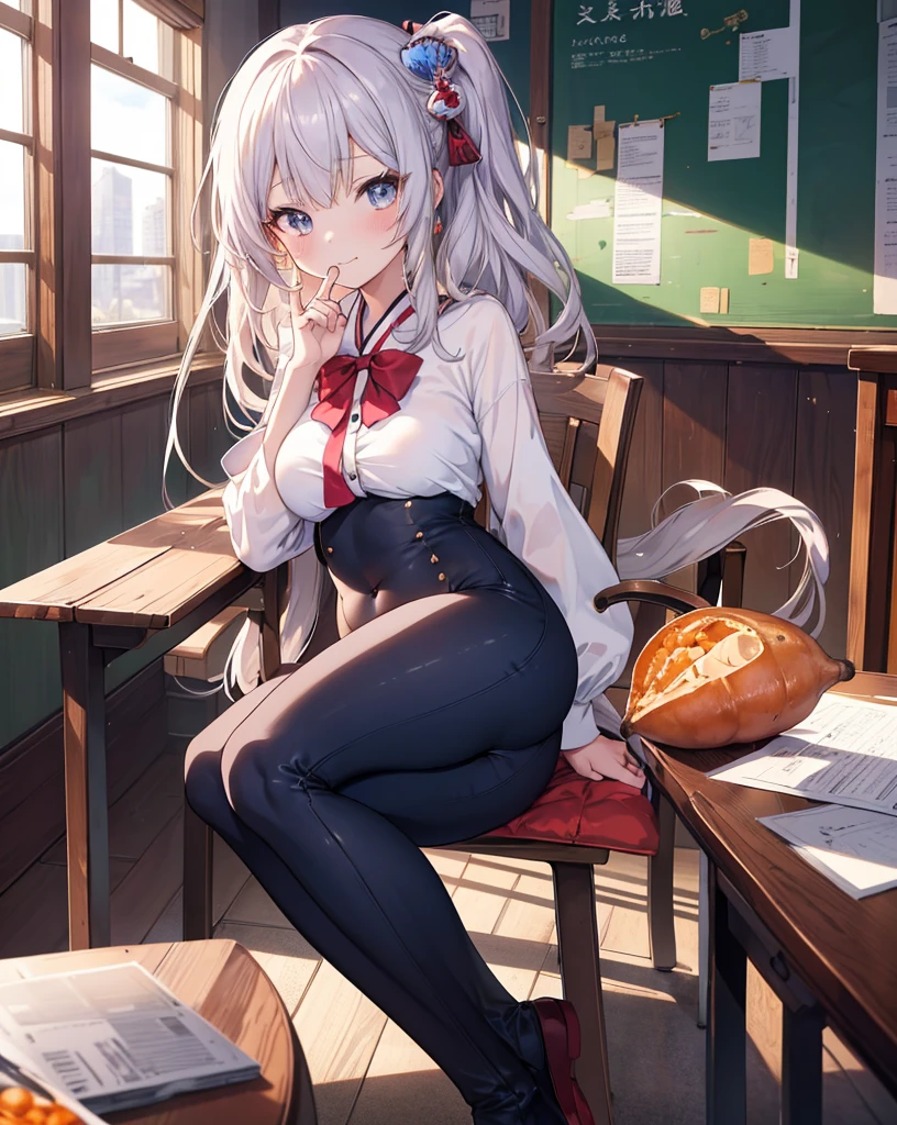 Outstanding quality,illustration,8K,High definition,(((Anime girl))),((masutepiece)),Best quality, Extremely detailed CG unity 8k,(( 1 girl in)), (Beautiful detailed),illustration, Beautiful fece, complex pattern,Character focus,校服,Classroom,The girl sits in a chair,Girl eats sweet potato,The girl covered her stomach with her hands,The girl's abdomen is swollen,Plump ass,skinny pants