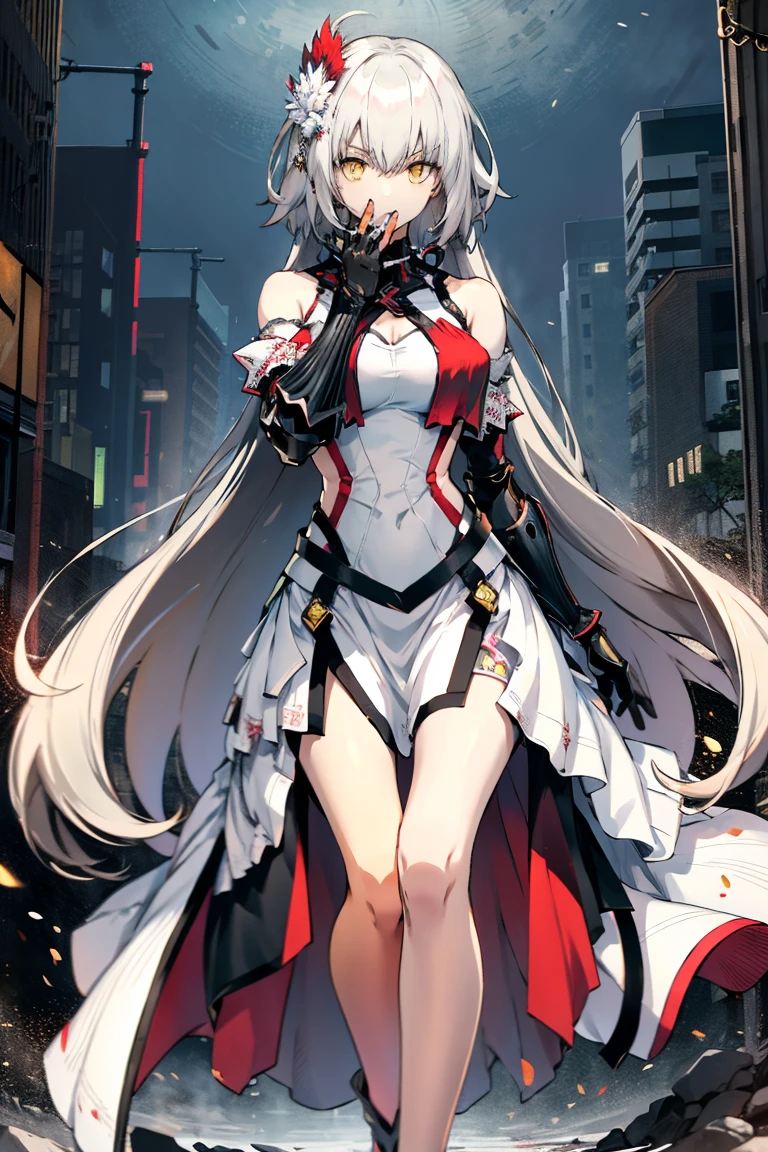 White-haired woman,Red aura around,Beautiful yellow eyes.....,White gauze dress, thin, It covers all vital organs except the face.........., Wear a knee-length white dress...........,The arm does not reach the top of the hip...........,The arms are small........., But the ligaments are very large...........,Soft hands,at night,red moon,turned sideways..