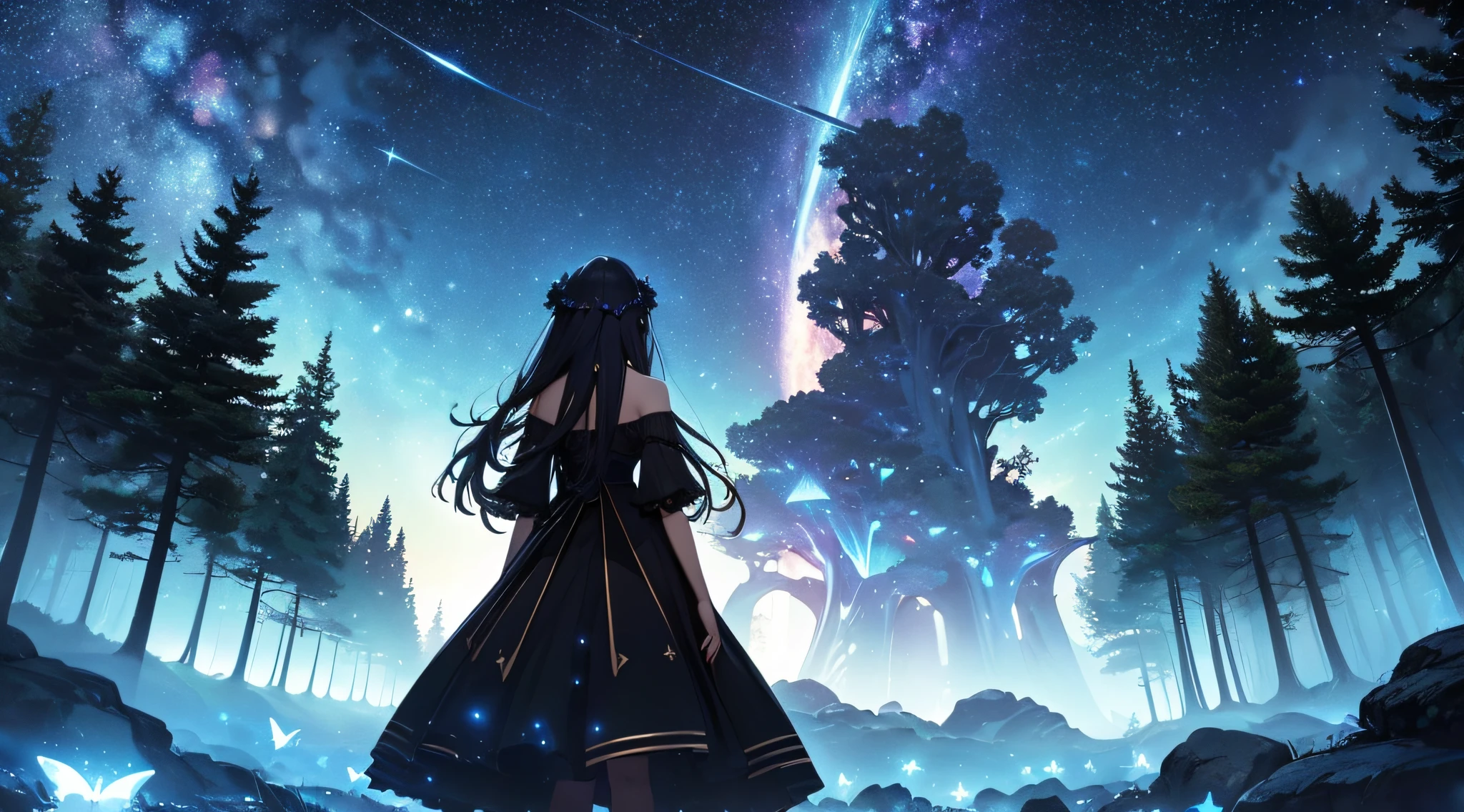 masterpiece、Background with((Fantastic starry sky、meteors、black hole))、Depth((Giant Tree、Fantastic、Luminescent))、Luminescent butterflies are flying、a beauty girl、onepiece、Rear view