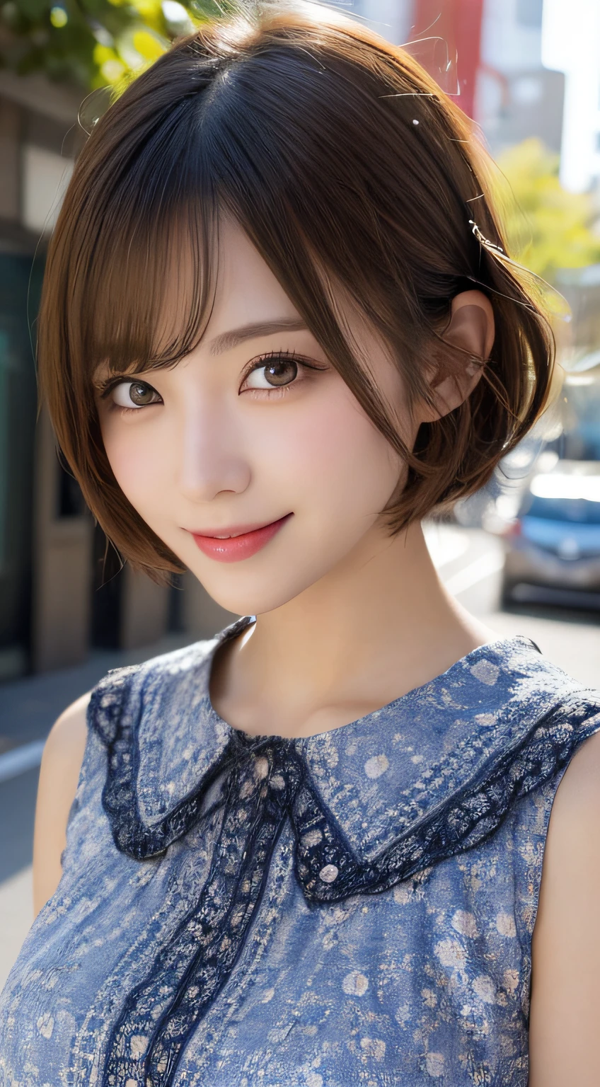 masutepiece, Best Quality, Illustration, Ultra-detailed, finely detail, hight resolution, 8K Wallpaper, Perfect dynamic composition, Beautiful detailed eyes, Women's Fashion Summer,Shorthair,mid-chest, Natural Color Lip, Bold sexy poses,Smile,Harajuku、20 years girl、Cute、Sexy shot looking at camera