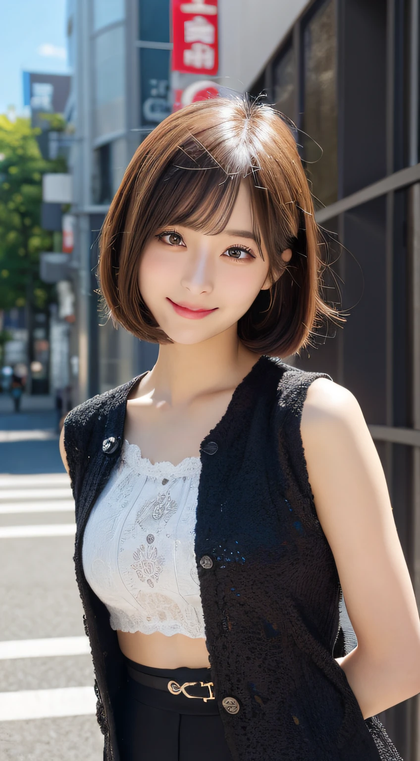 masutepiece, Best Quality, Illustration, Ultra-detailed, finely detail, hight resolution, 8K Wallpaper, Perfect dynamic composition, Beautiful detailed eyes, Women's Fashion Summer,Shorthair,mid-chest, Natural Color Lip, Bold sexy poses,Smile,Harajuku、20 years girl、Cute、Sexy shot looking at camera