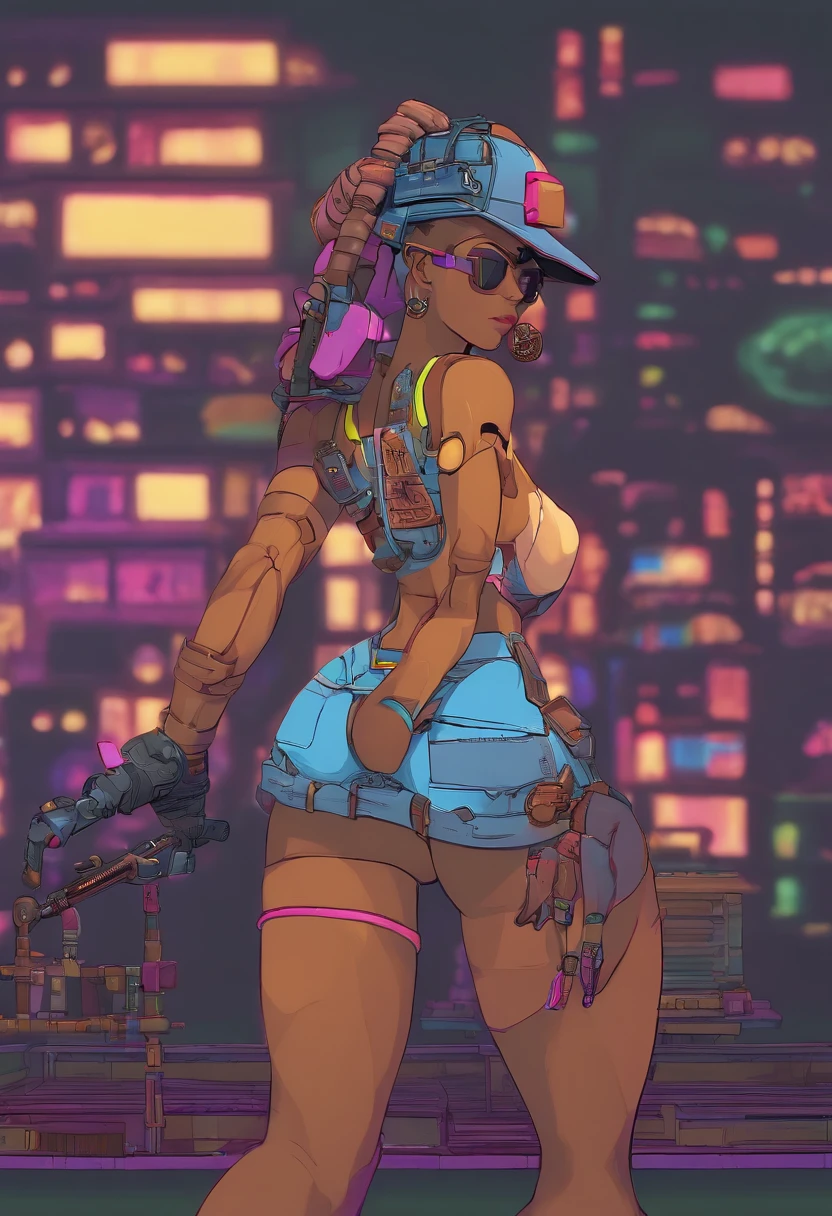 cyberpunk badass, view from behind, plumb ass, thick thighs, thin waist, hourglass figure, extremely detailed face and eyes, high contrast lighting, skimpy clothing, dynamic shadows, absurdes, 4k