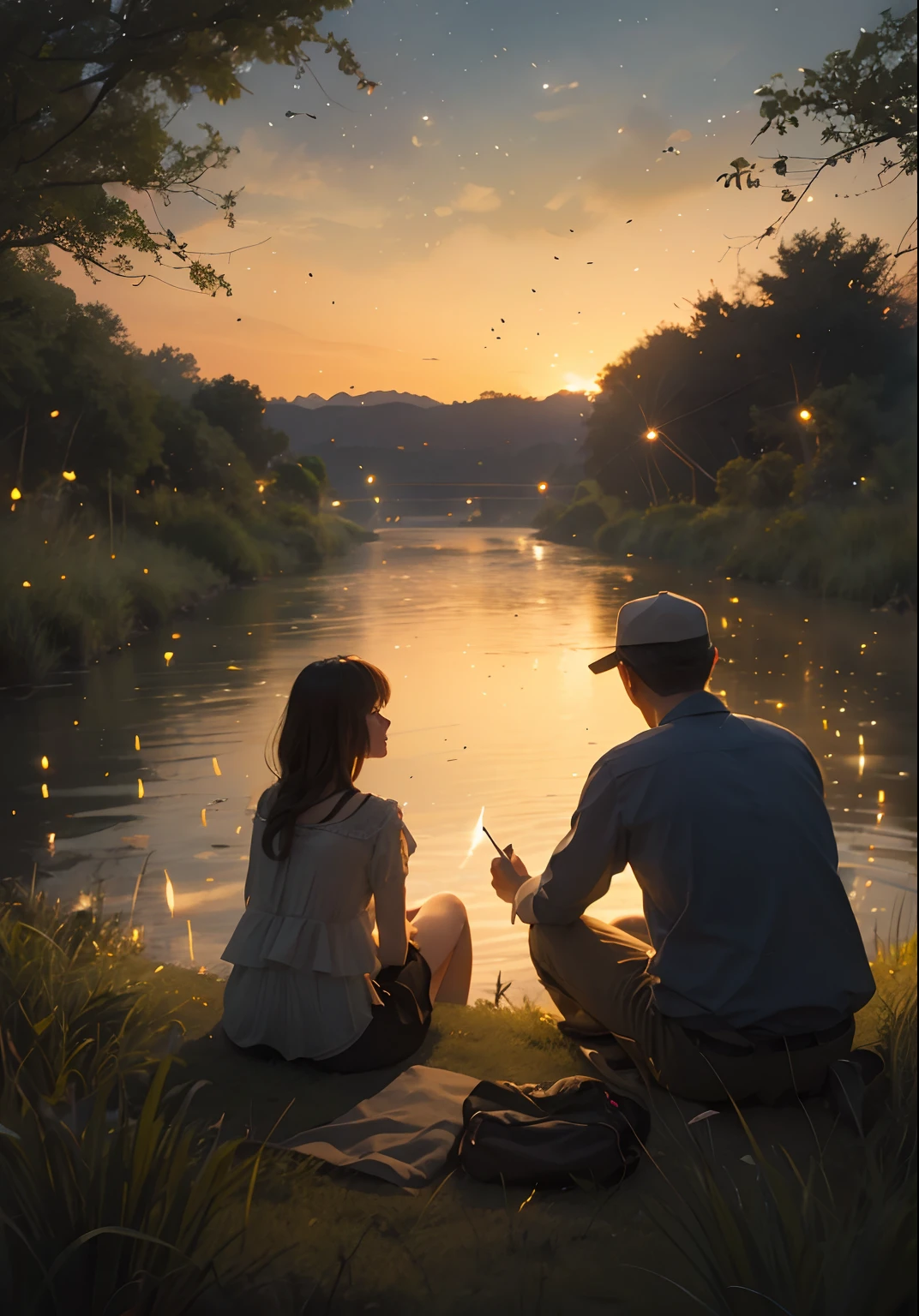 A man and a woman are sitting next to the river. The two of them are watching the lights of fireflies dancing on the riverside.