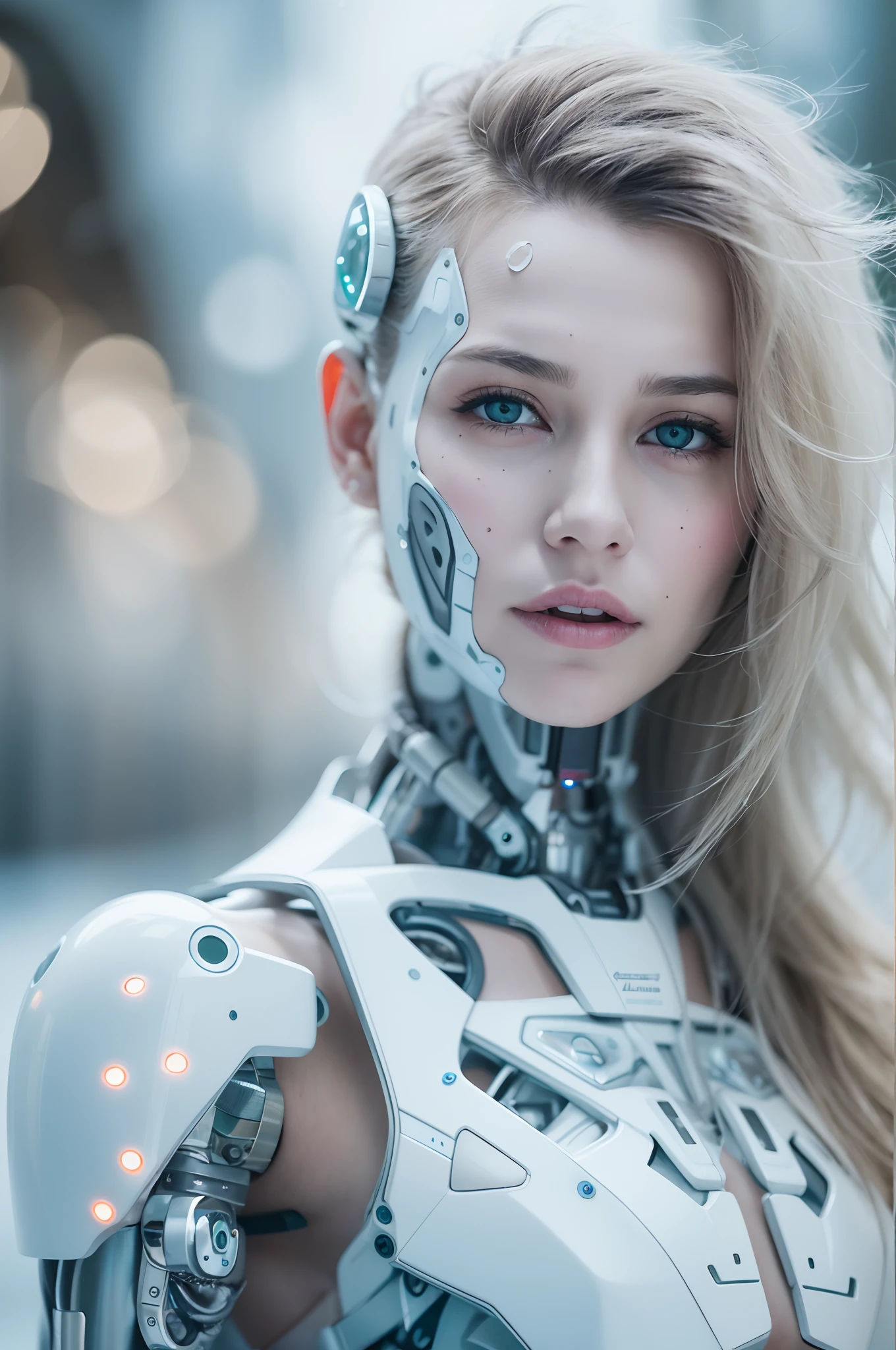 complex 3d render ultra detailed of a beautiful porcelain profile woman android face, cyborg, robotic parts,120 mm, beautiful studio soft light, rim light, vibrant details, luxurious cyberpunk, lace:1.1,hyperrealistic, anatomical, facial muscles, cable electric wires, microchip, elegant, beautiful background, octane render, H. R. Giger style, 8k, best quality, masterpiece, illustration, an extremely delicate and beautiful, extremely detailed,CG,wallpaper, (realistic, photo-realistic:1.5),Amazing, finely detail, masterpiece,best quality,official art, extremely detailed CG unity 8k wallpaper, absurdres, incredibly absurdres, robot, silver halmet, full body,Standing posture