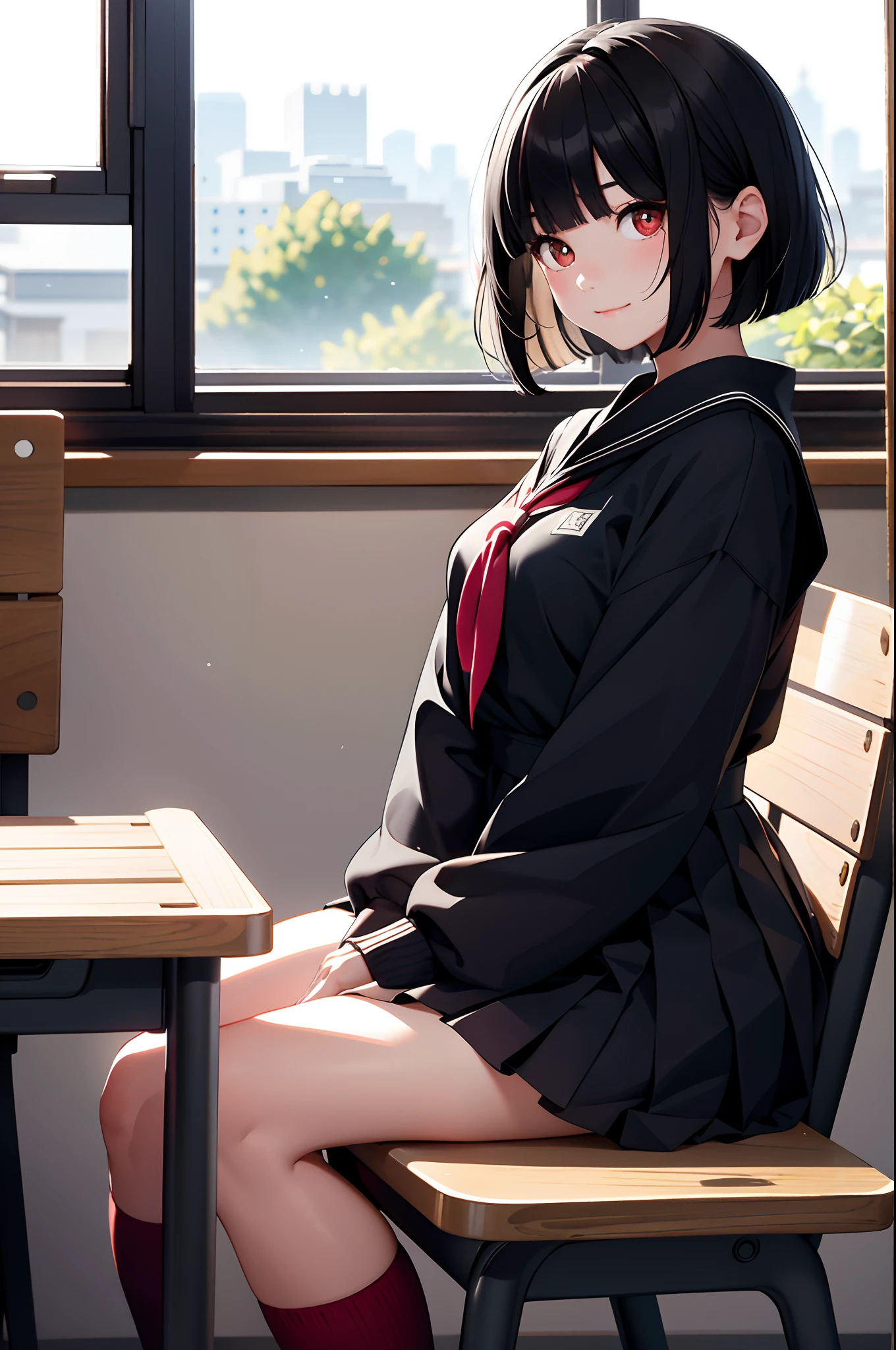top-quality、in 8K、masterpiece、nffsw、超A high resolution、Raw photo、(Photorealsitic:1.3)、natural soft light、(depth of fields)、A slender、(Full body:1.2)、detailed faces and eyes、Realistic pupils、Sharp pupils、Inside the classroom、sitting on、Schools、Evening glow、beauitful face、16-year-old beautiful girl、Girl like a Japan doll、shinny skin、bob cuts、Beautiful black hair、Blunt bangs、Red Eye、(Gentle look、A slight smil)、a sailor suit、Pleated miniskirt、(thighs thighs thighs thighs:0.8)、(Looking out the window)