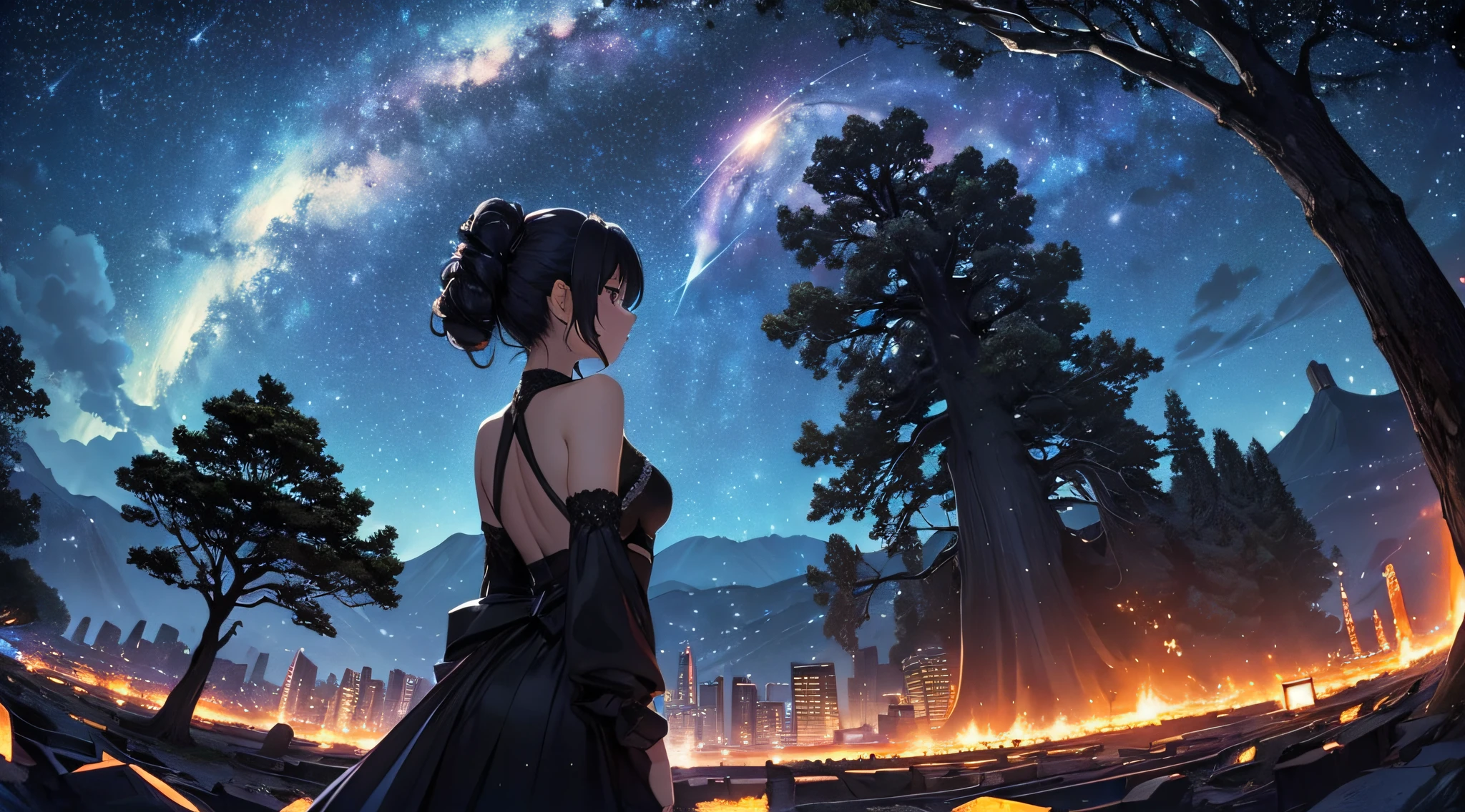 ​masterpiece、Background with((Fantastic starry sky、meteors、black hole))、Depth((Giant Tree、Fantastic、Luminescent、A city scape))、a beauty girl、onepiece、Rear view