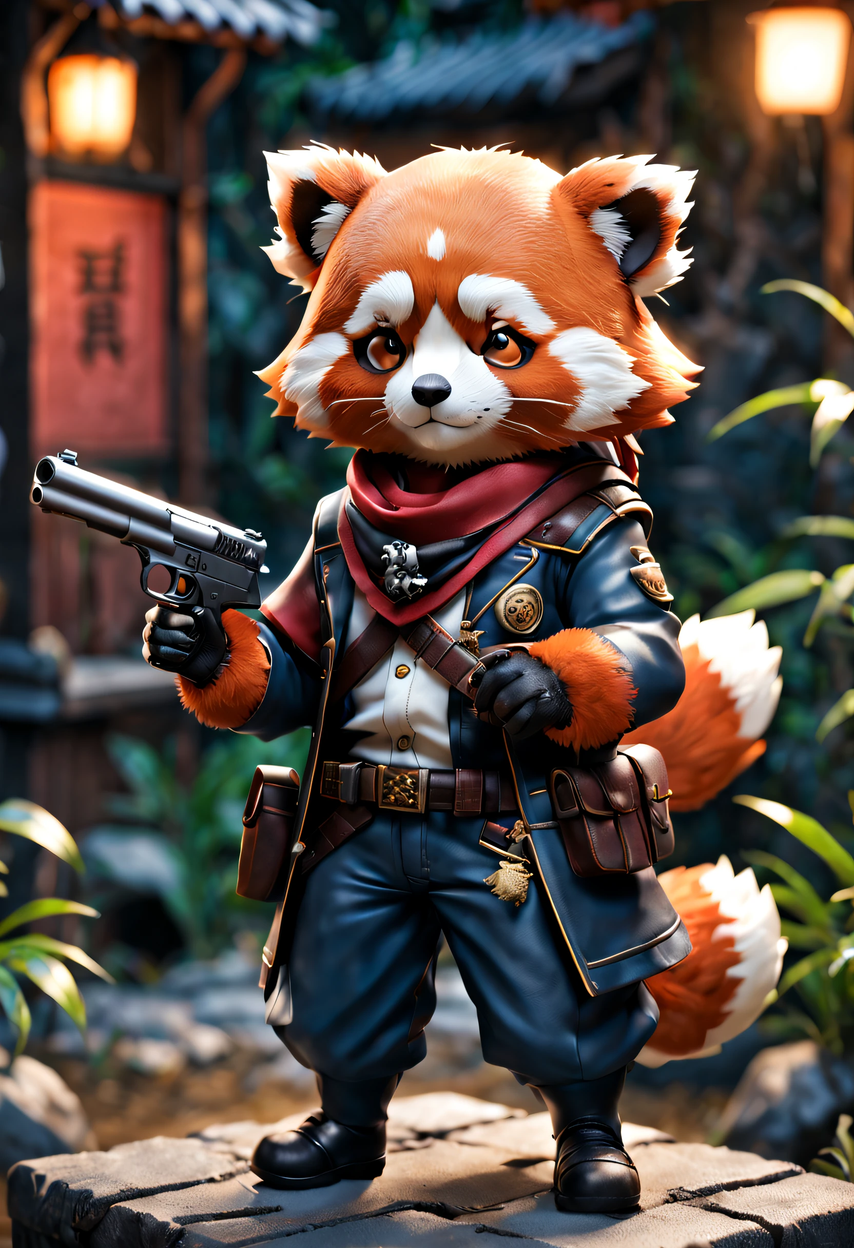 full body Esbian、Cool Lesser Panda、Popless Panda、Cute Red Panda、diorama、symple background、bandana、Holding a revolver in your hands、masterpiece, Best Quality, Capture super cute moments, depth of fields, ultra-detailliert, Ultra High Resolution, Octadale, 8K, 16 K