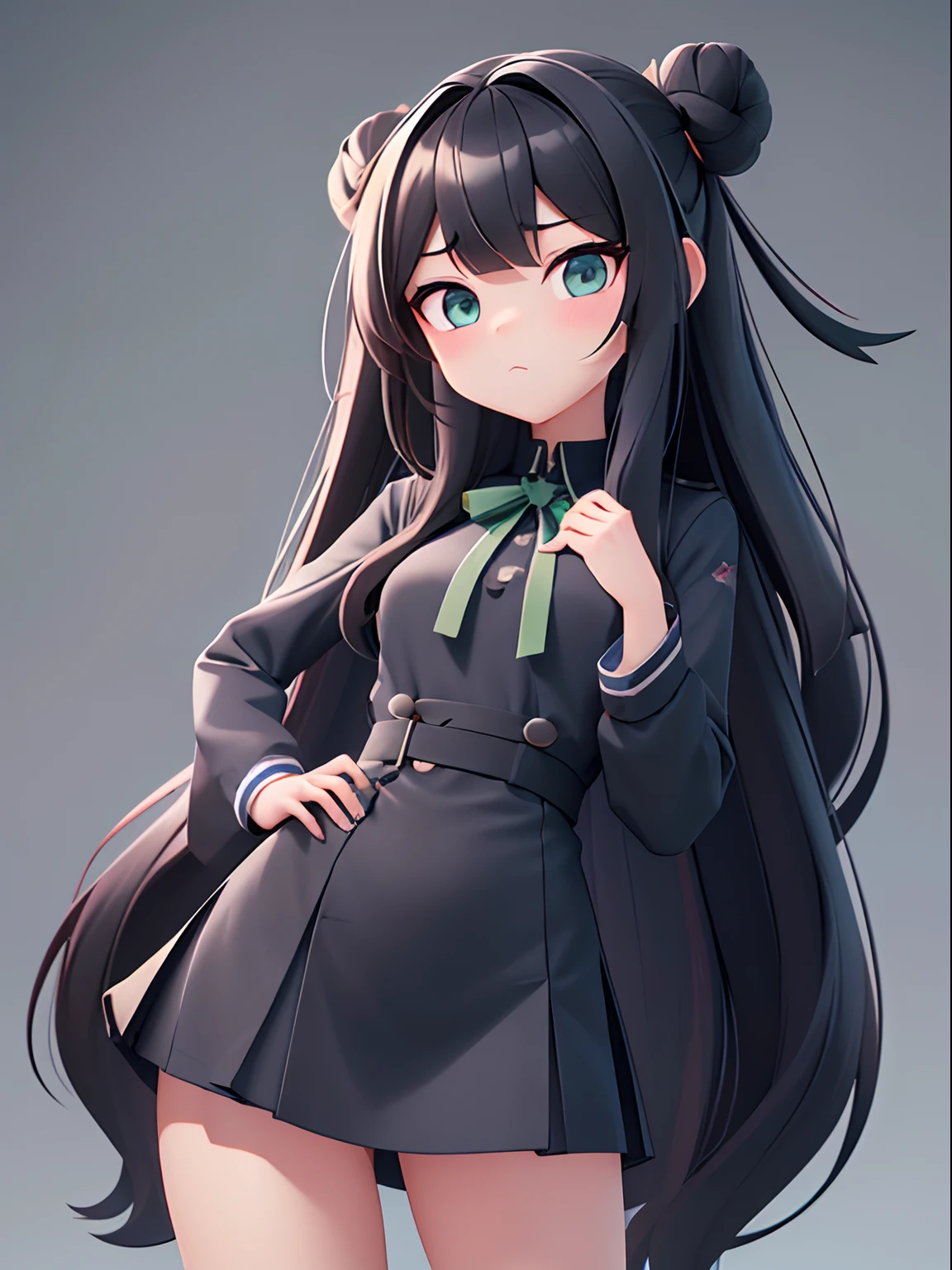 A black、high-level image quality、Long hair in two buns, Bangs up、Forehead is exposed.、A dark-haired、Green eyes、Navy blue Brother uniform with black ribbon、3D anime girl rendering、anime styled 3d、cute 3d render、 3 d render character art 8 k、From knees to upper body、Delicate drawing、