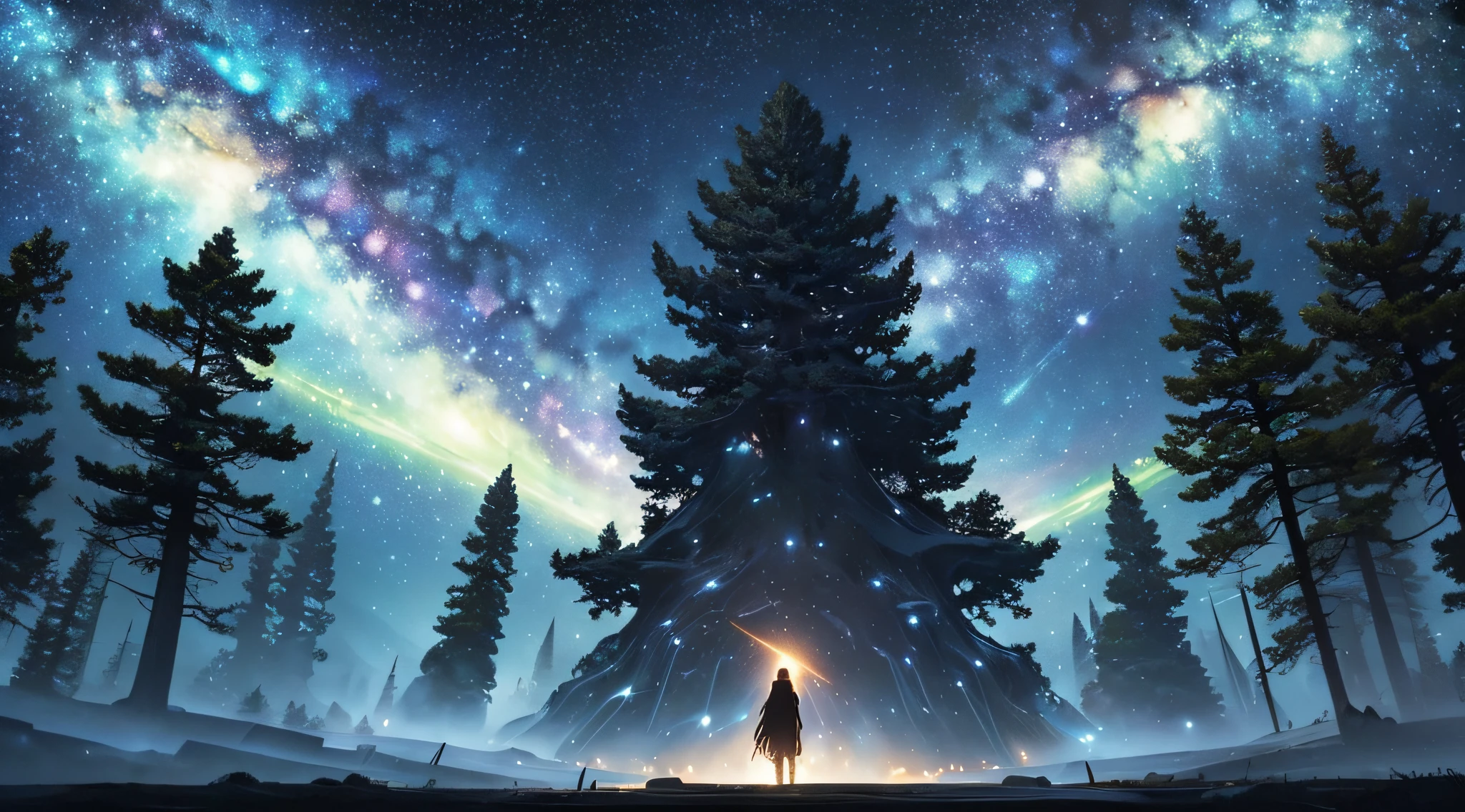 masterpiece、Background with((Fantastic starry sky、meteors、black hole))、Depth((Giant Tree、Fantastic、Luminescent、Private))、a beauty girl、onepiece、Rear view