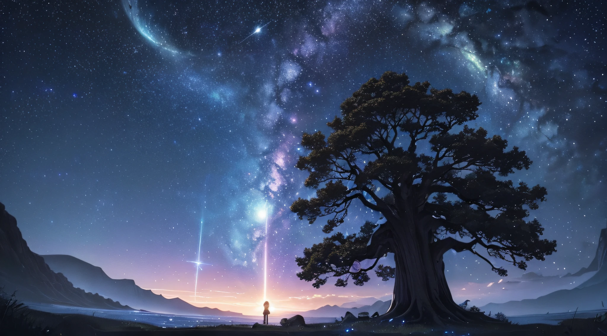 ​masterpiece、Background with((Fantastic starry sky、meteors、black hole))、Depth((Giant Tree、Fantastic、Luminescent、Private))、a beauty girl、onepiece、Rear view