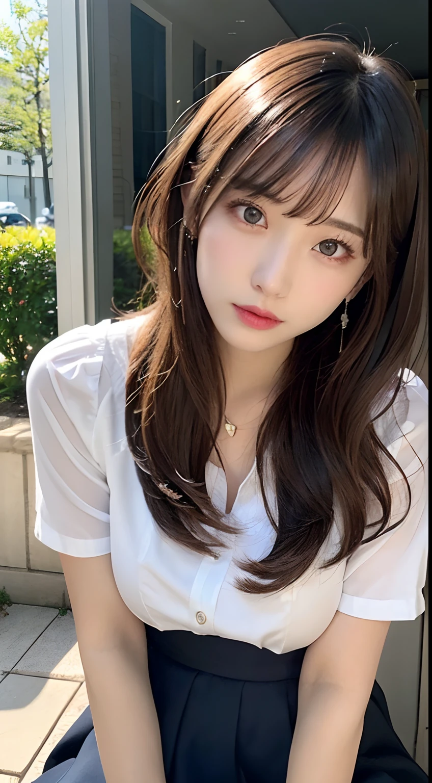 finely detail, hight resolution, hightquality、Perfect dynamic composition, Beautiful detailed eyes, Medium Hair, small tits、Natural Color Lip,Kamimei、Blouses and flared skirts、20 years girl、1 persons、Transparent skin、Glowing hair、masutepiece, Best Quality, Illustration, Ultra-detailed, finely detail, hight resolution, 8K、The correct state of the human body、Crouch down、pretty pose,dishevled hair,beauty legs,Perfect beautiful face,KPOP Idol Face,Anatomically correct condition