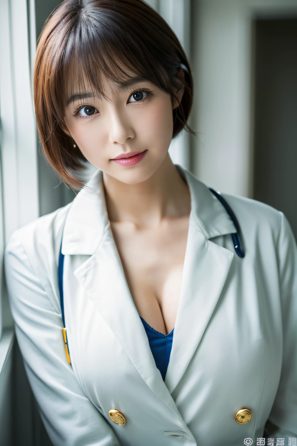 (​masterpiece、high-level image quality、hightquality),Mature and realistic Japan woman、29yo、Super Cute、Upper body、soft skin perfect face、bob、(8K分辨率、A hyper-realistic、ultra-detailliert、hightquality)、doctors white coat、The Perfect Female Doctor,Erotic beautiful woman、(huge-breasted:1.5)、Psychosomatic Hospital、