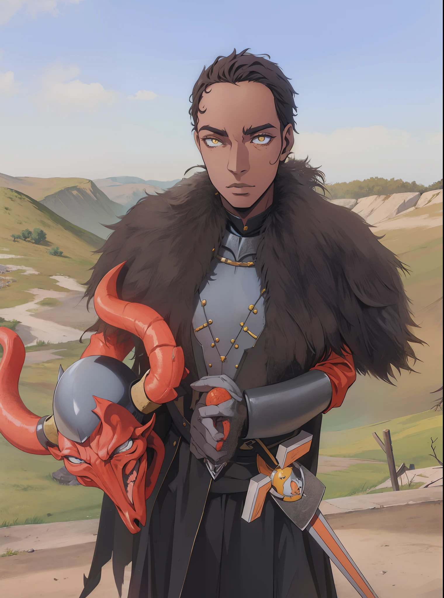 Homen ,cavaleiro , pele marrom ,olhos amarelos, Holding a helmet with a demon face,