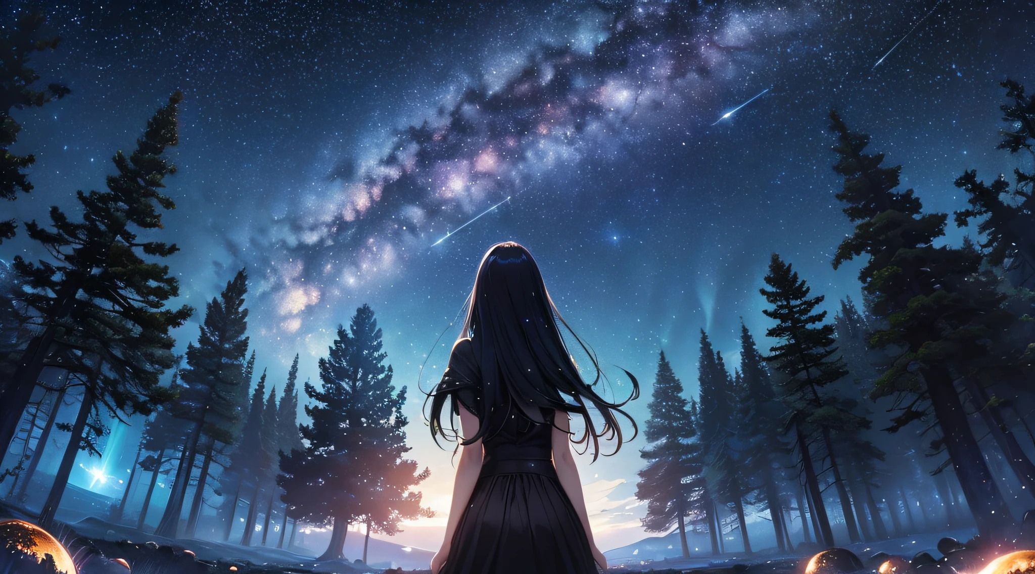 masterpiece、Background with((Fantastic starry sky、meteors、black hole))、Depth((Giant Tree、Fantastic、Luminescent、vila))、a beauty girl、onepiece、Rear view
