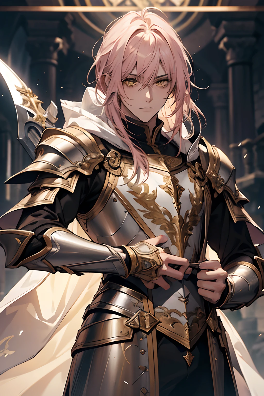 young male, messy pink medium length hair with bangs, yellow eyes, adult face, adult, white hood and shroud, bare torso with chest armor, thin lean and handsome, fantasy, paladin, holding polearm, femboy, rule of third, fully body, glaive in hand