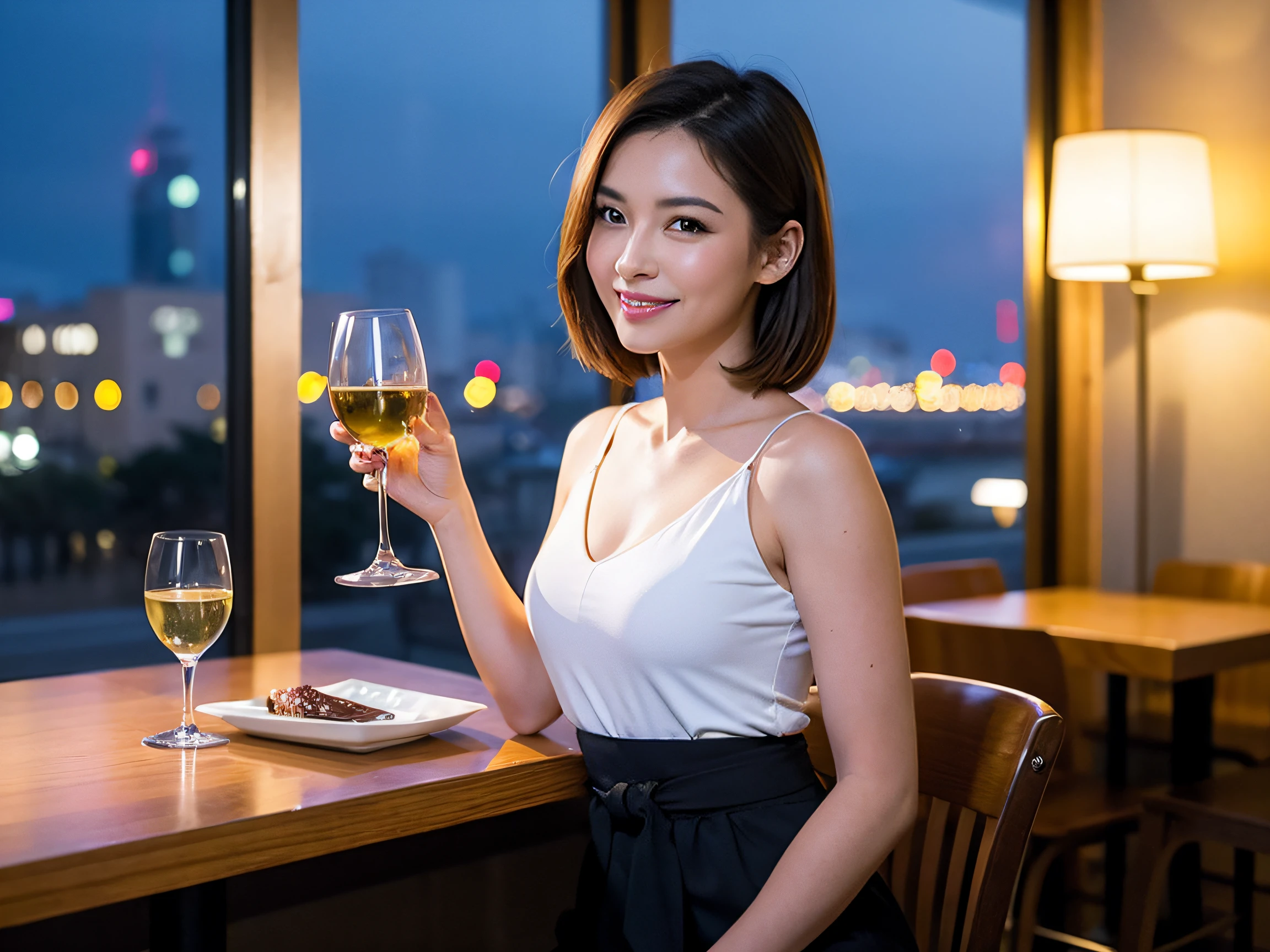 (64K, UHD, top quality, masterpiece: 1.2), (realistic, photorealistic: 1.37), super detailed, pretty woman 1, (slim face), (slim body), (brown hair), (short cut), cheeks slightly blushing, (40 years old), 38 years old, solo, beautiful detailed urban night view outside the window, restaurant, wine glass sitting, at night, in a prominent place (from the waist up) NovaFrogStyle, Actress, Model, Waist Up, White Wine, Slim, Wine Glass, Super Clean Night View, Wine Glass Put in the Middle, Happy Smile, (Smile: 1.15), Beautiful Fine Eyes, Upper Body, Bust Japan Up, Night, Short, Short, Actress, Model, Waist Up, White Wine, Slim, Wine Glass, Super Clean Night View, Wine Glass Put in the Middle, Happy Smile,