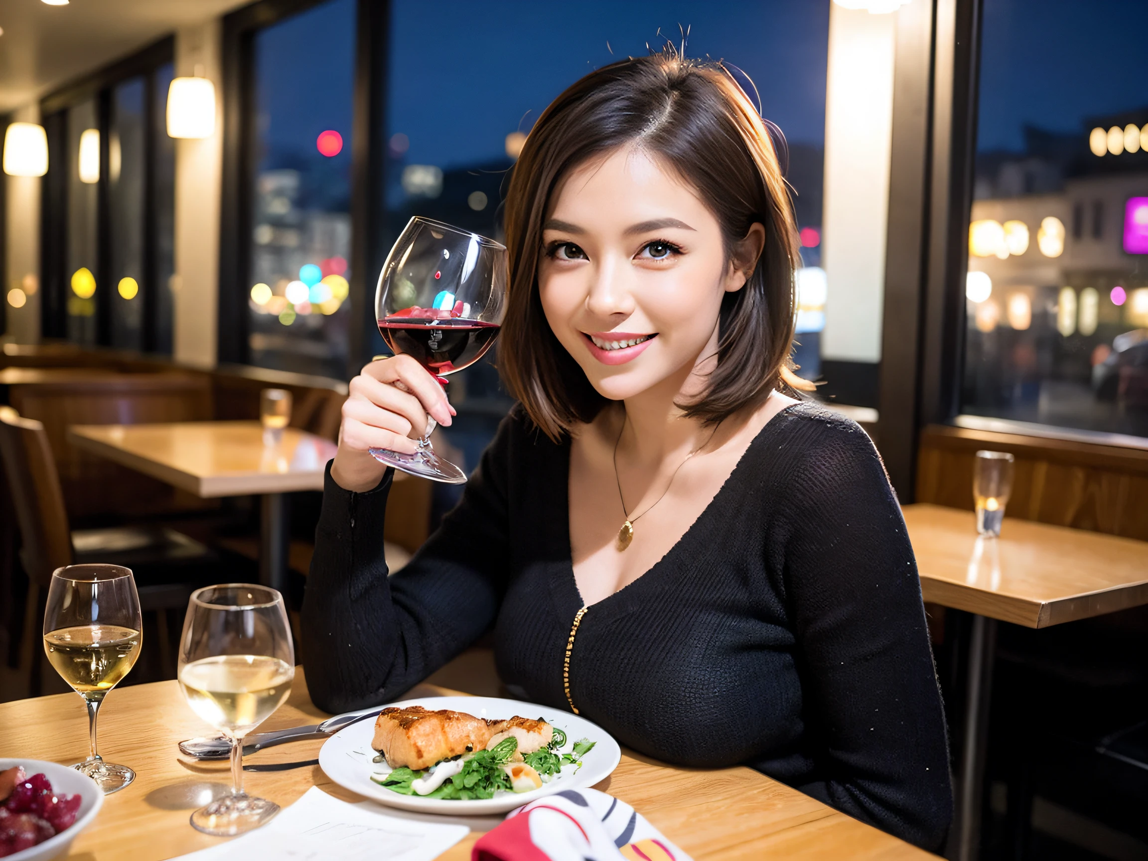 (64K, UHD, top quality, masterpiece: 1.2), (realistic, photorealistic: 1.37), super detailed, pretty woman 1, (slim face), (slim body), (brown hair), (short cut), cheeks slightly blushing, (40 years old), 38 years old, solo, beautiful detailed urban night view outside the window, restaurant, wine glass sitting, at night, in a prominent place (from the waist up) NovaFrogStyle, Actress, Model, Waist Up, White Wine, Slim, Wine Glass, Super Clean Night View, Wine Glass Put in the Middle, Happy Smile, (Smile: 1.15), Beautiful Fine Eyes, Upper Body, Bust Japan Up, Night, Short, Short, Actress, Model, Waist Up, White Wine, Slim, Wine Glass, Super Clean Night View, Wine Glass Put in the Middle, Happy Smile,