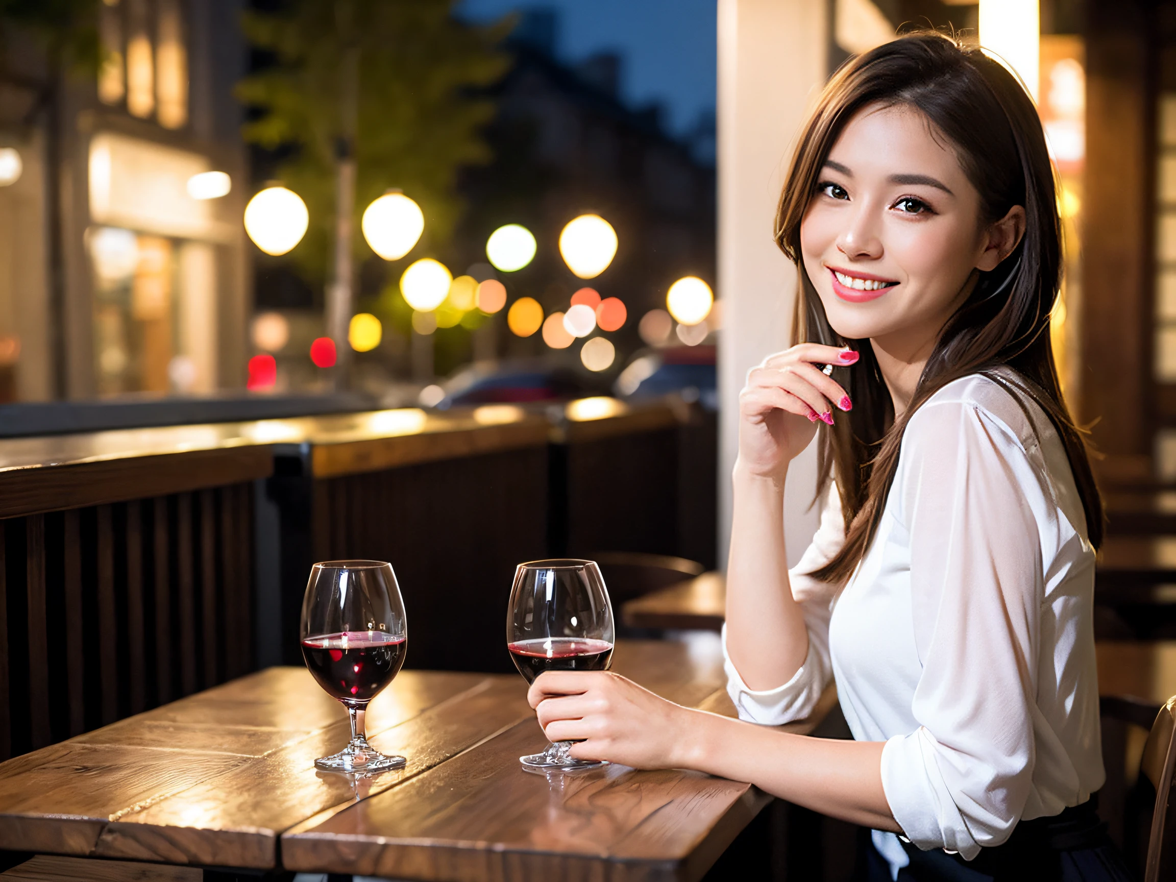 (64K, UHD, top quality, masterpiece: 1.2), (realistic, photorealistic: 1.37), super detailed, pretty woman 1, (slim face), (slim body), (brown hair), (short cut), cheeks slightly blushing, (40 years old), 38 years old, solo, beautiful detailed urban night view outside the window, restaurant, wine glass sitting, at night, in a prominent place (from the waist up) NovaFrogStyle, Actress, Model, Waist Up, White Wine, Slim, Wine Glass, Super Clean Night View, Wine Glass Put in the Middle, Happy Smile, (Smile: 1.15), Beautiful Fine Eyes, Upper Body, Bust Japan Up, Night, Short, Short, Actress, Model, Waist Up, White Wine, Slim, Wine Glass, Super Clean Night View, Wine Glass Put in the Middle, Happy Smile,