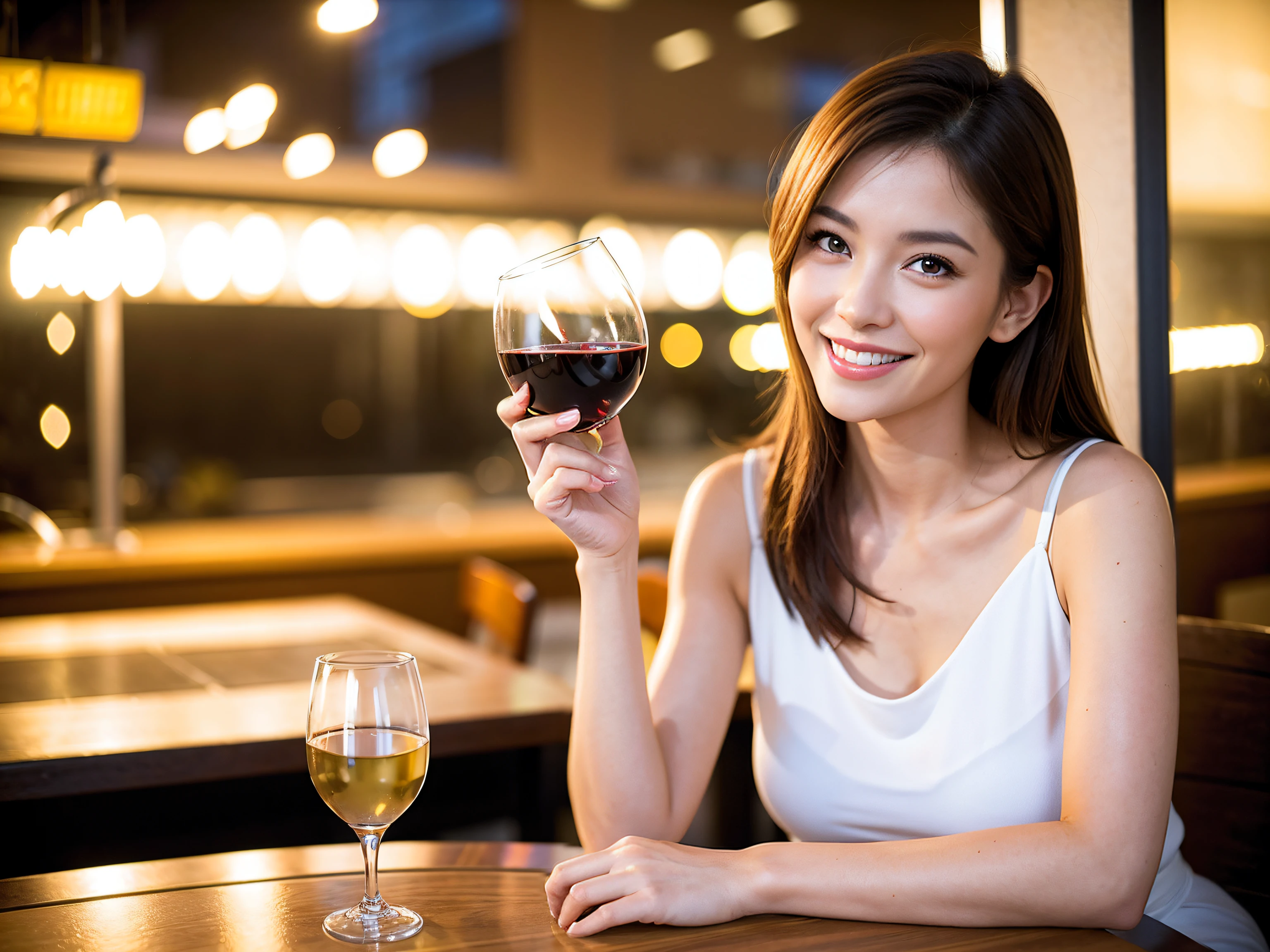 smiling woman sitting at a table with a glass of wine, with a drink, at a bar, probably in her 30s, around 20 yo, taken in the early 2020s, sitting at the bar, aleksandra waliszewska, very slightly smiling, in a bar, ewa juszkiewicz, sitting at a bar