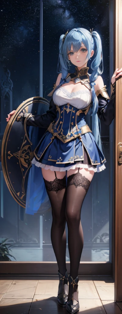 Beautiful paladin girl，Holding a shield，Blue hair，pigtails，Extremely beautiful，High Balance, Natural light, Lace，Black starry sky，Star decoration (Masterpiece, Highest quality)，unreal-engine，Standing painting, angle of view,Tulle skirt，ssee-through，Over-the-knee blue stockings，Transparent tulle clothes