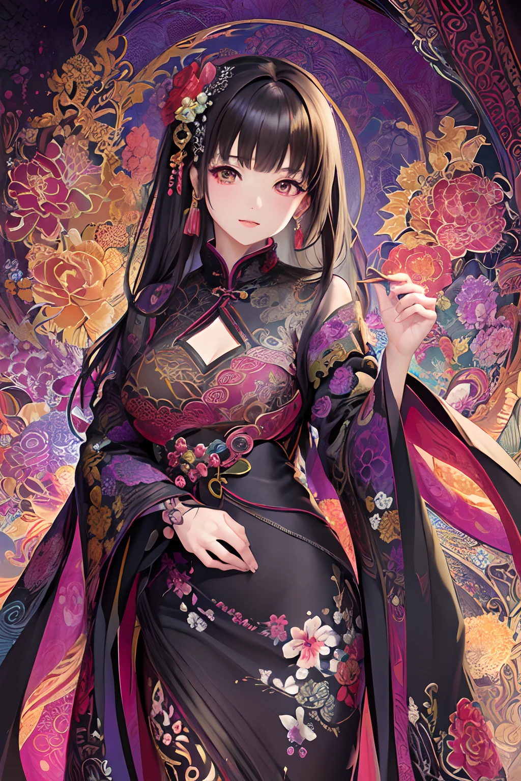 (masterpiece、top-quality、top-quality、Official Art、Beautifully Aesthetic:1.2)、(One Girl:1.3)、A highly detailed、(Fractal Art:1.1)、(dark color:1.1)(florals:1.3)、The most detailed、(Zentangle:1.2)、(Dynamic poses)、(abstract backgrounds:1.3)、(qipao dress:1.2)、(shinny skin)、(many colors:1.4)、、(耳环:1.4)、